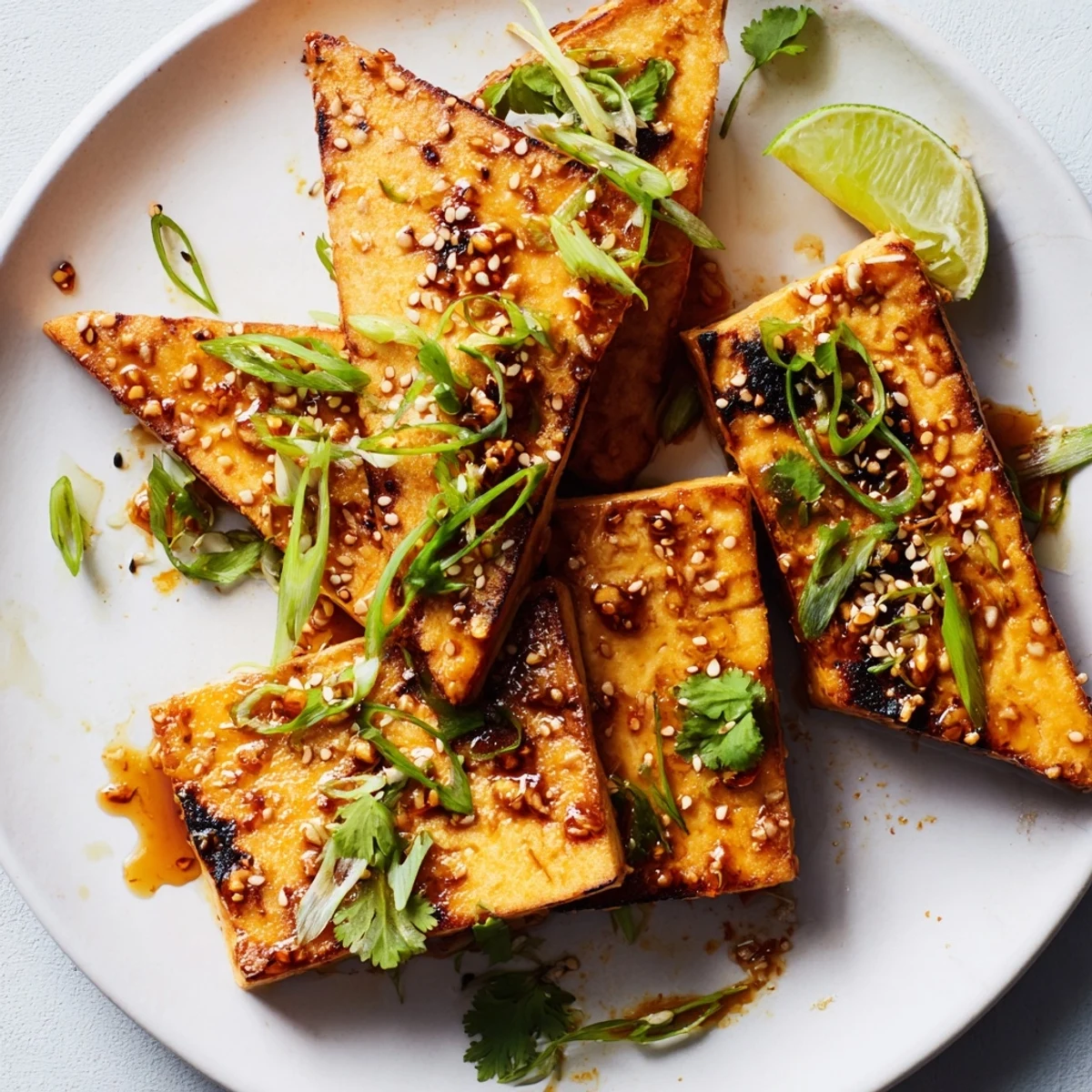 A close-up of citrusy Ginger Lime Tofu Steaks, crispy-edged and ready to eat for dinner.