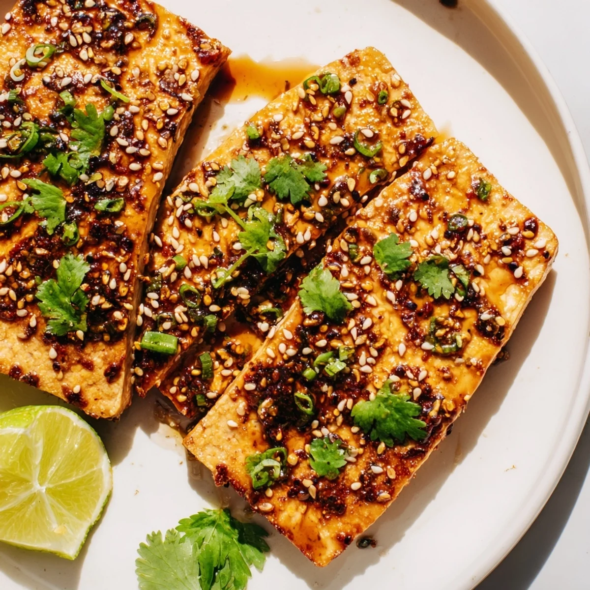 A close-up of Ginger Lime Tofu Steaks with a crispy sear and vibrant lime zest.