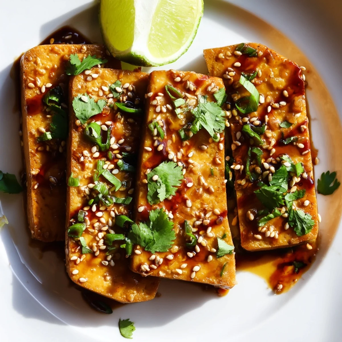 Golden-brown Ginger Lime Tofu Steaks sizzling in a skillet, garnished with fresh cilantro and lime wedges.