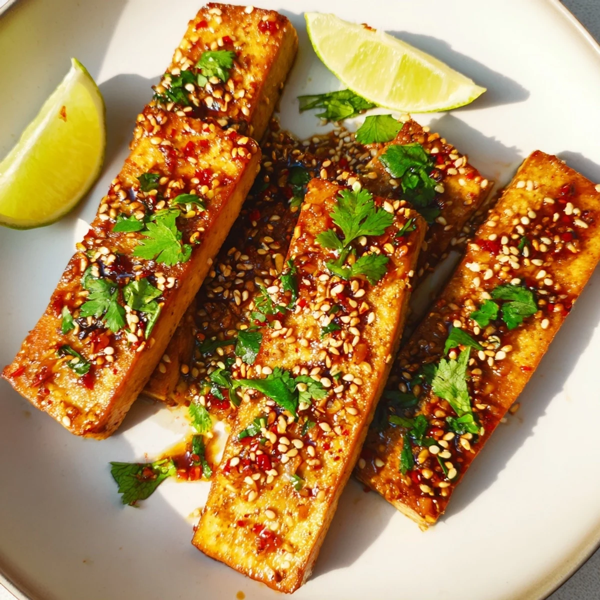 Serve Ginger Lime Tofu Steaks over steamed rice, topped with toasted sesame seeds and herbs.