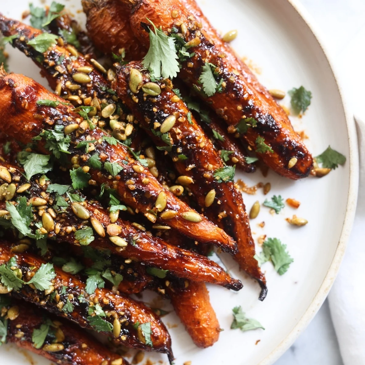 Spicy-sweet Harissa Roasted Carrots with maple glaze on a rustic platter, garnished with cilantro and lemon wedges.