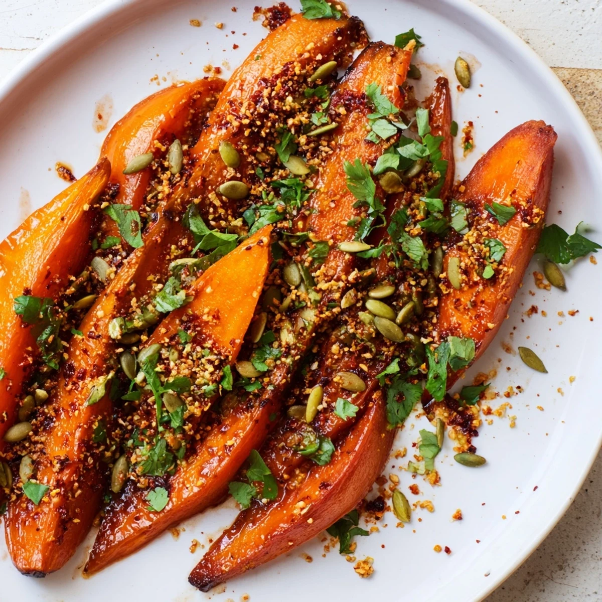 Glazed Harissa Roasted Carrots topped with crunchy pumpkin seeds and fresh herbs on a colorful plate.
