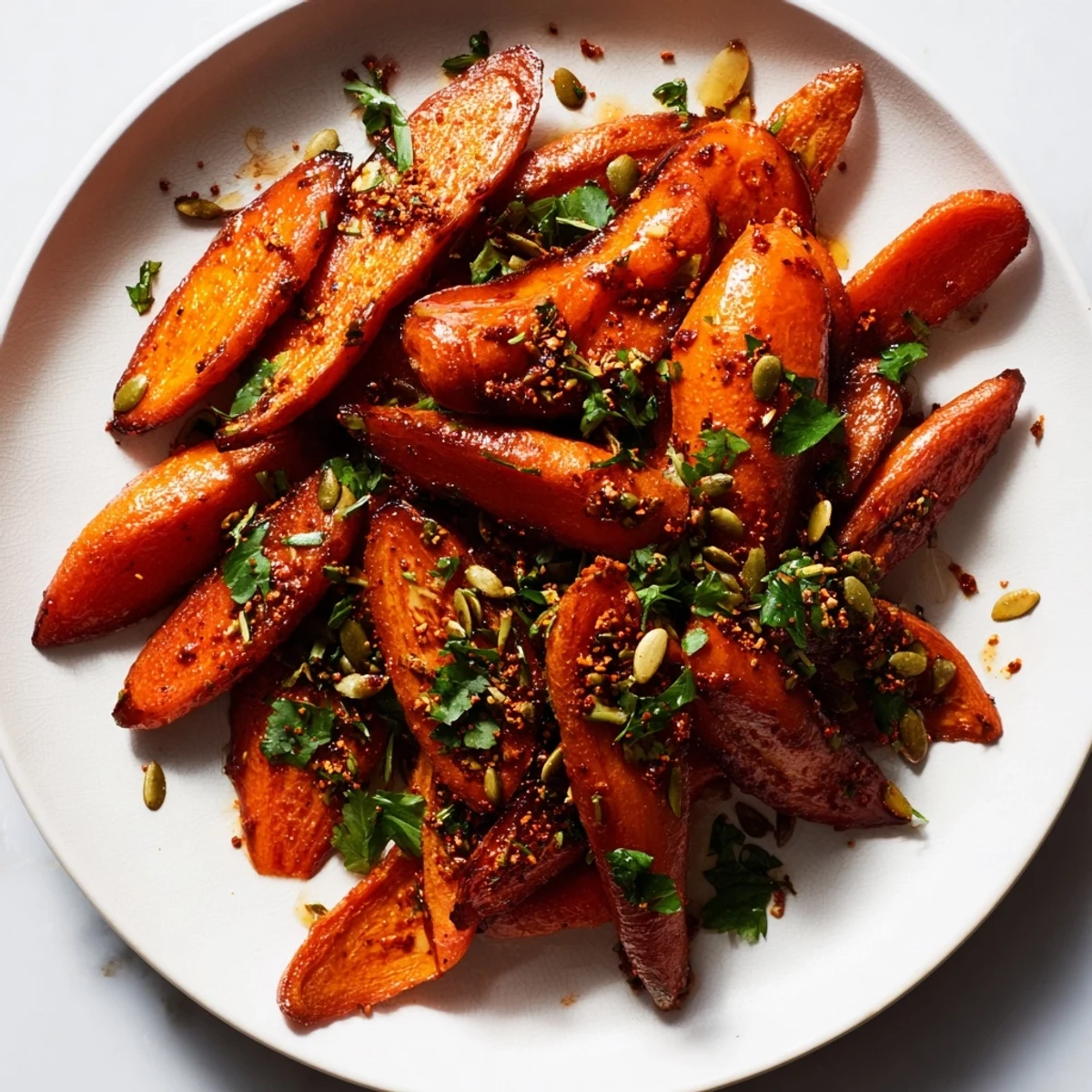 Tender, caramelized carrots coated in harissa and maple syrup, served as a vibrant vegan side dish.