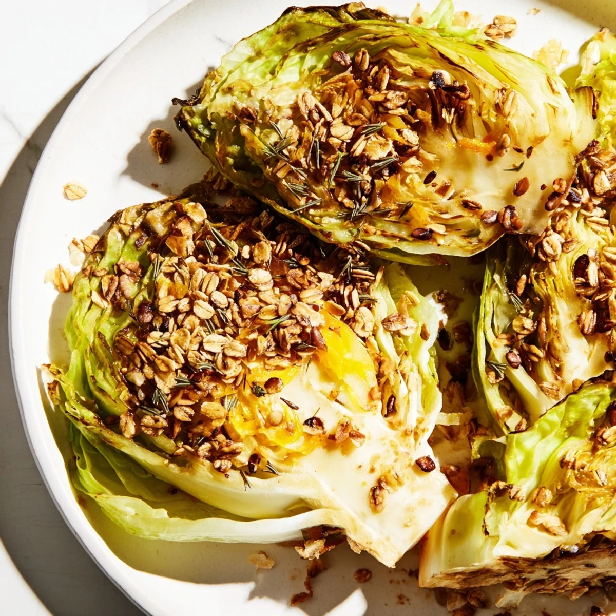 Golden braised cabbage wedges with ginger and spices, topped with a savory, crisp oat and sunflower seed crumble for a warming winter meal.