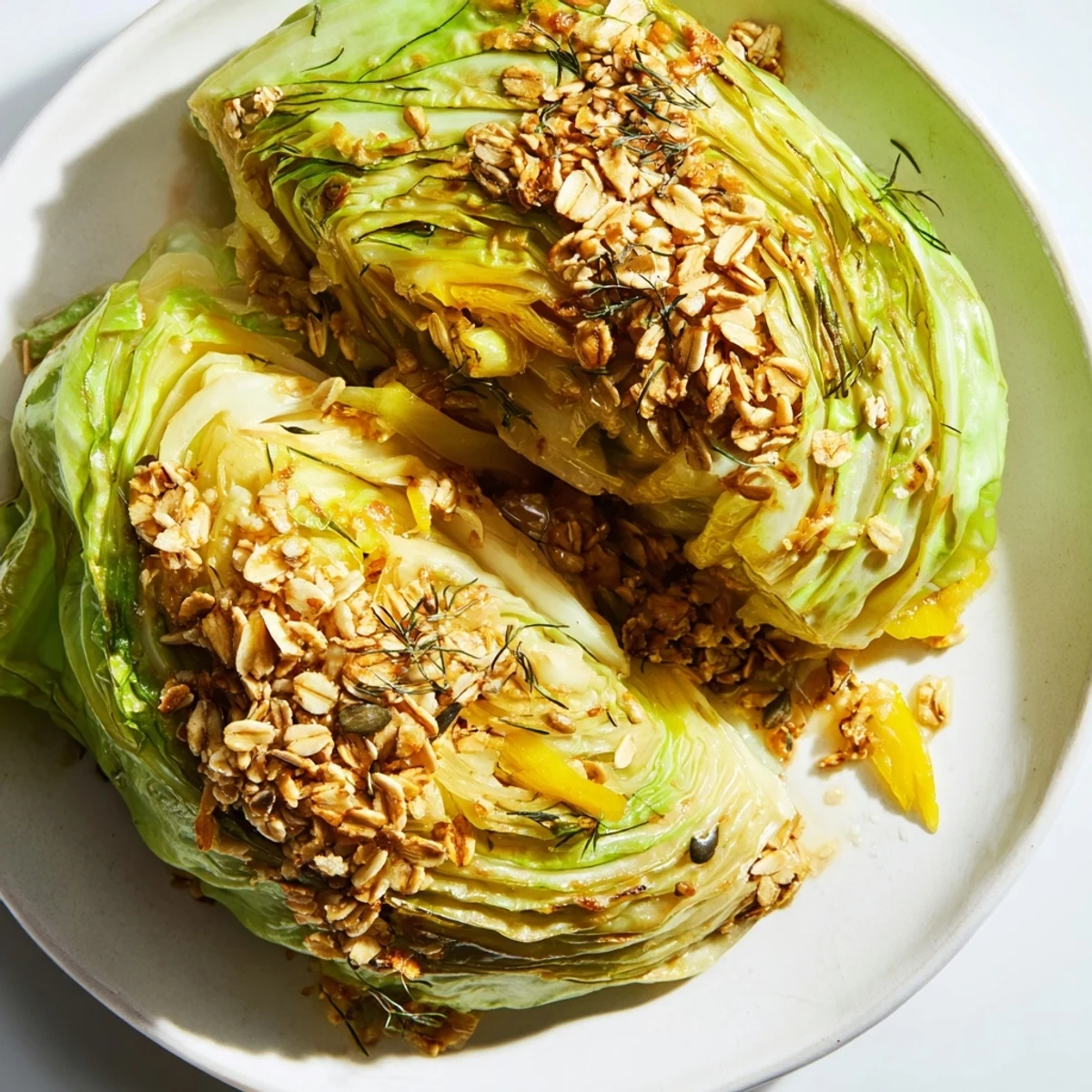 Hearty Ginger Winter Oat Topped Braised Cabbage with golden edges, aromatic spices, and a crunchy oat crumble, perfect for a cozy, wholesome dinner.