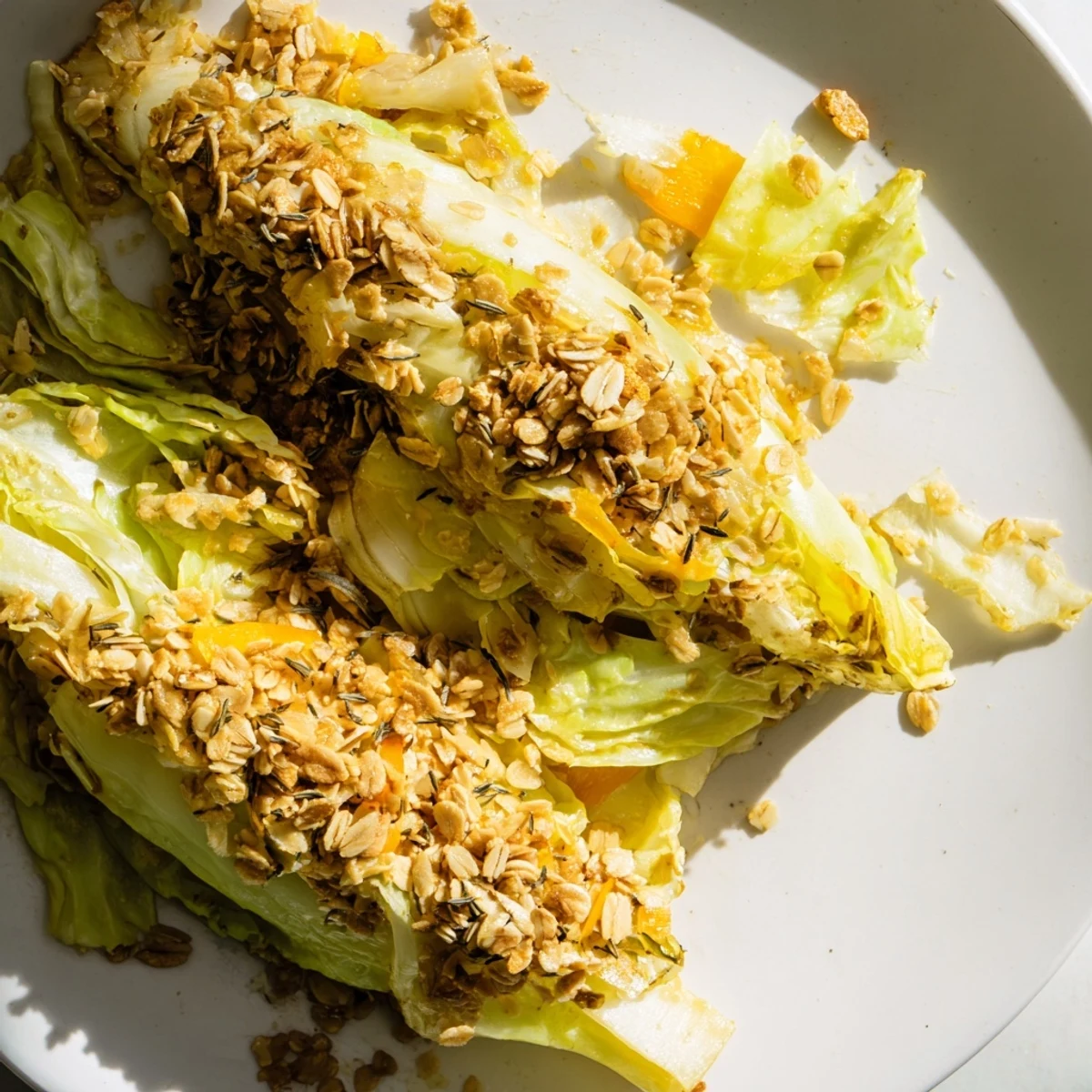 A close-up view of tender ginger-infused braised cabbage, crowned with a rustic oat topping in a skillet, ready to serve as a wholesome vegetarian main.