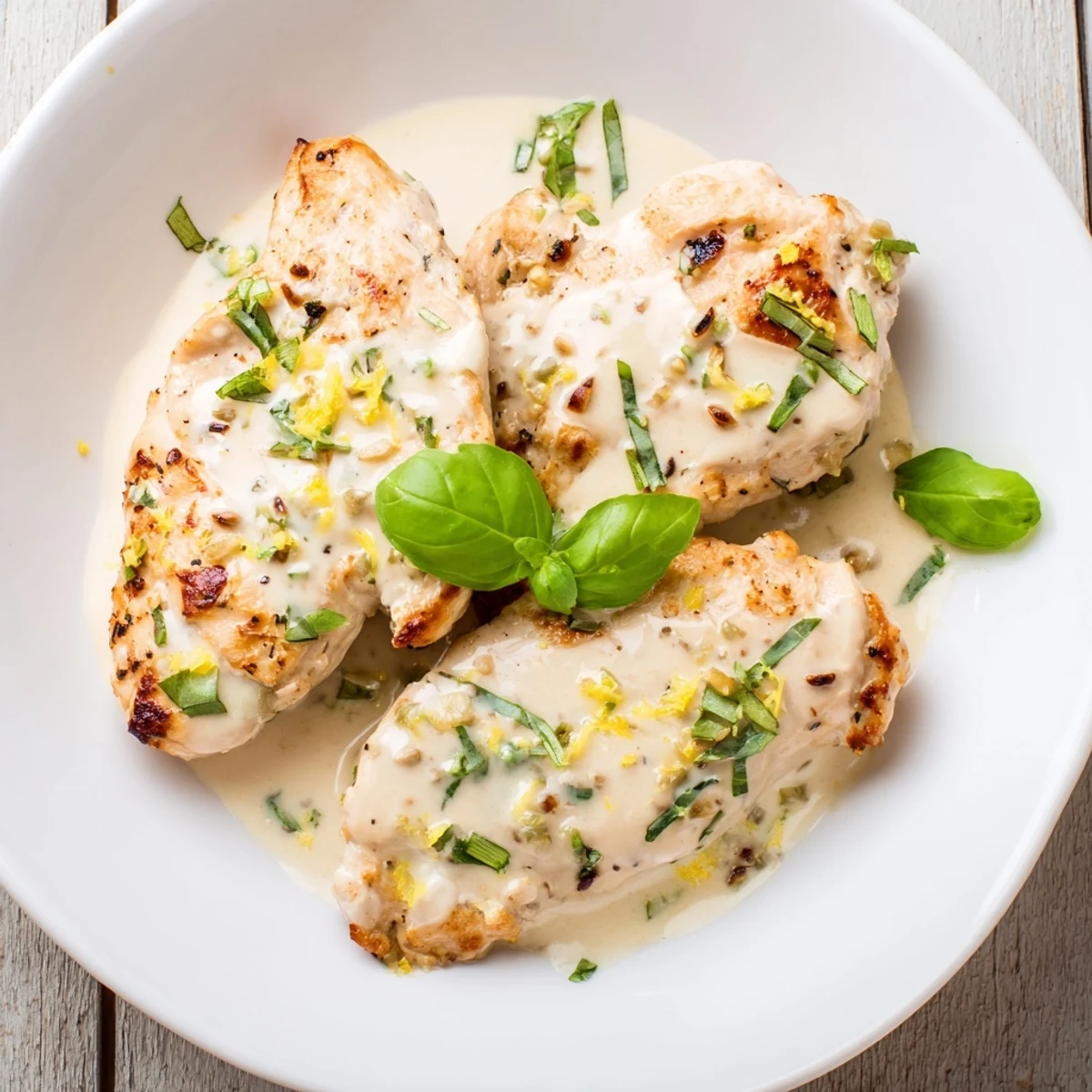 A close-up view of tender Lemon Cozy Basil Chicken topped with fresh basil and lemon slices.  
