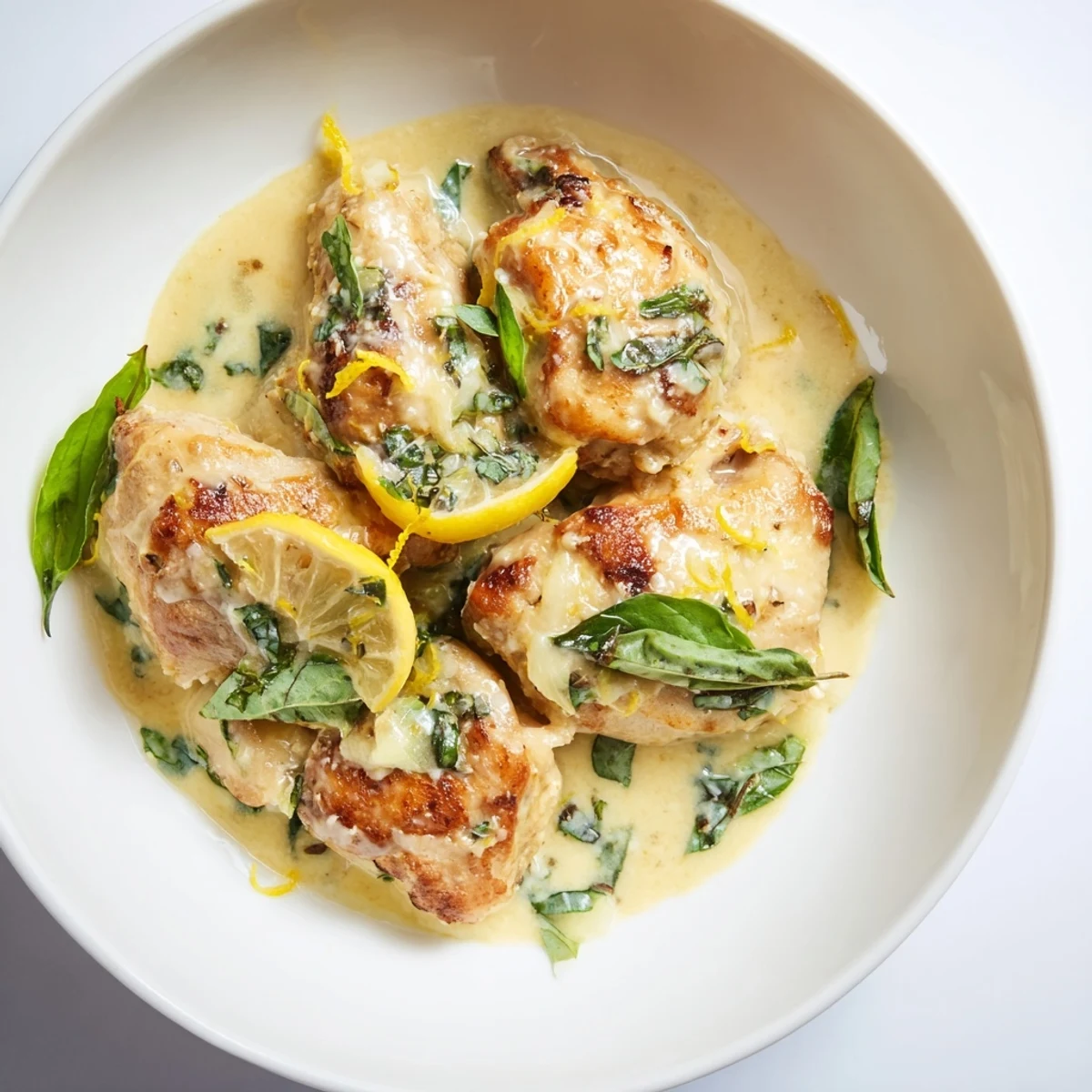 Serving Lemon Cozy Basil Chicken over fluffy white rice with the creamy sauce spooned on top.