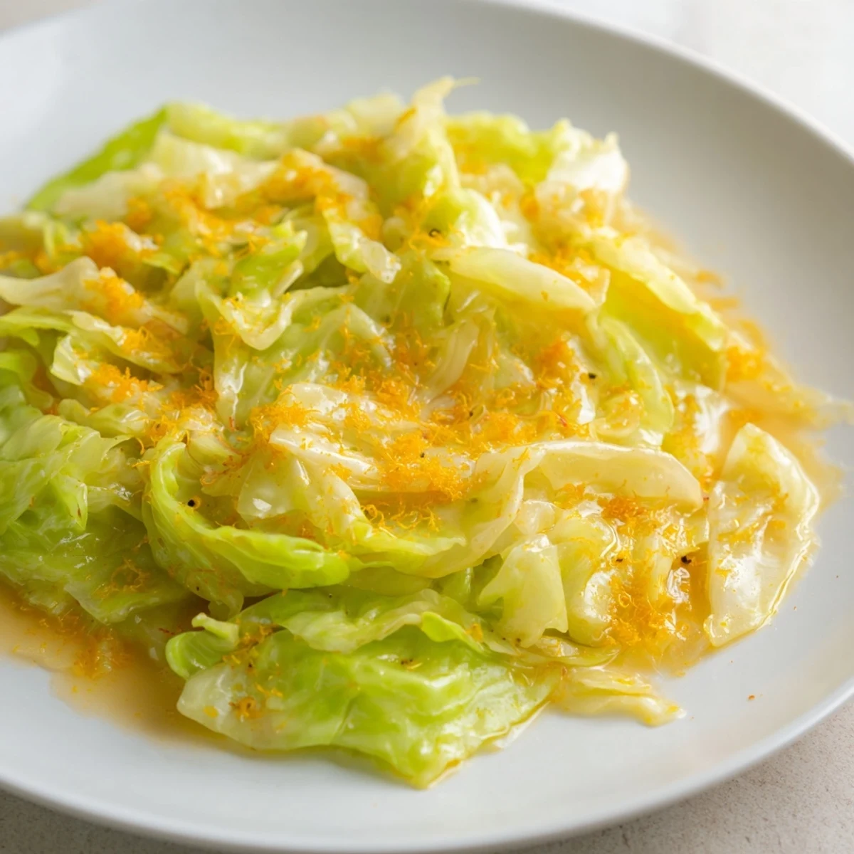 Tender Ginger Braised Cabbage with an Orange Kiss, served warm in a shallow white bowl garnished with fresh orange zest.