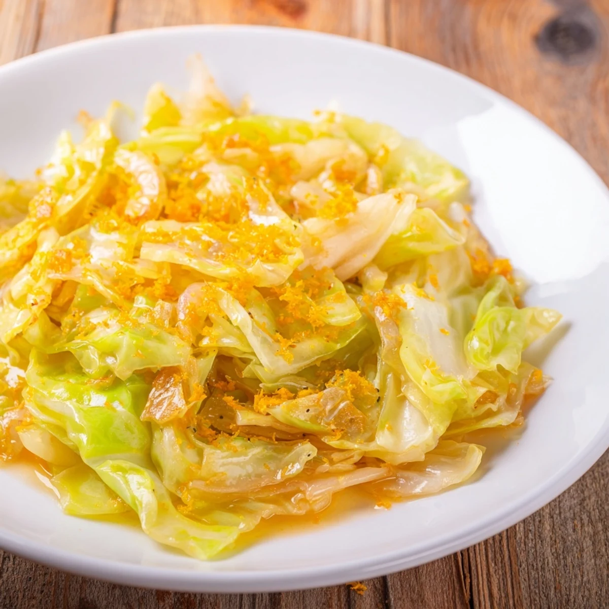 A close-up of Ginger Braised Cabbage with an Orange Kiss, glistening with a bright, aromatic, and lightly sweetened broth.