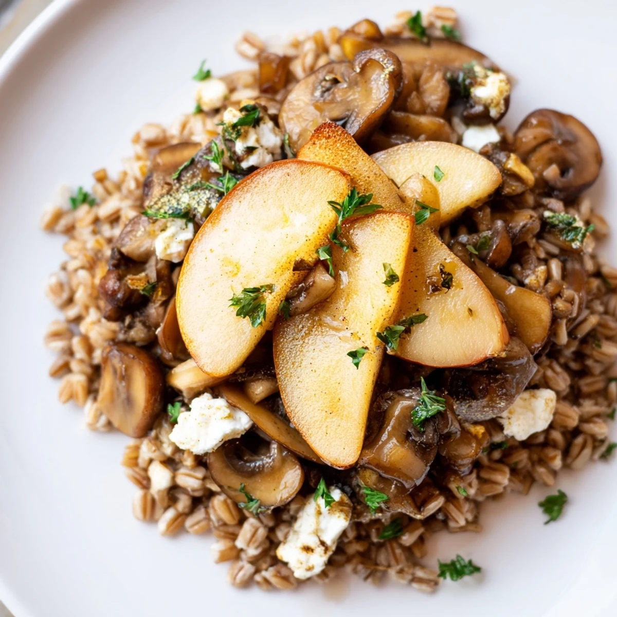 A warm grain and mushroom bowl topped with slow-roasted apples, fresh parsley, and crumbled goat cheese on a rustic wooden table.