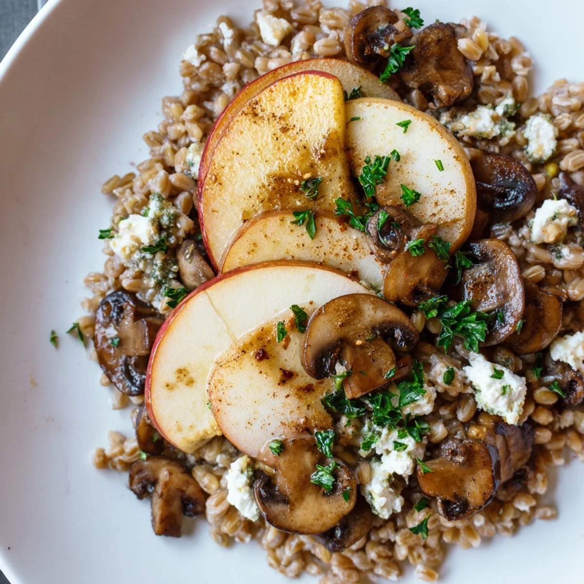 Enjoy the comforting flavors of this warm grain and mushroom bowl featuring tender roasted apples and toasted pecans for a hearty vegetarian meal.