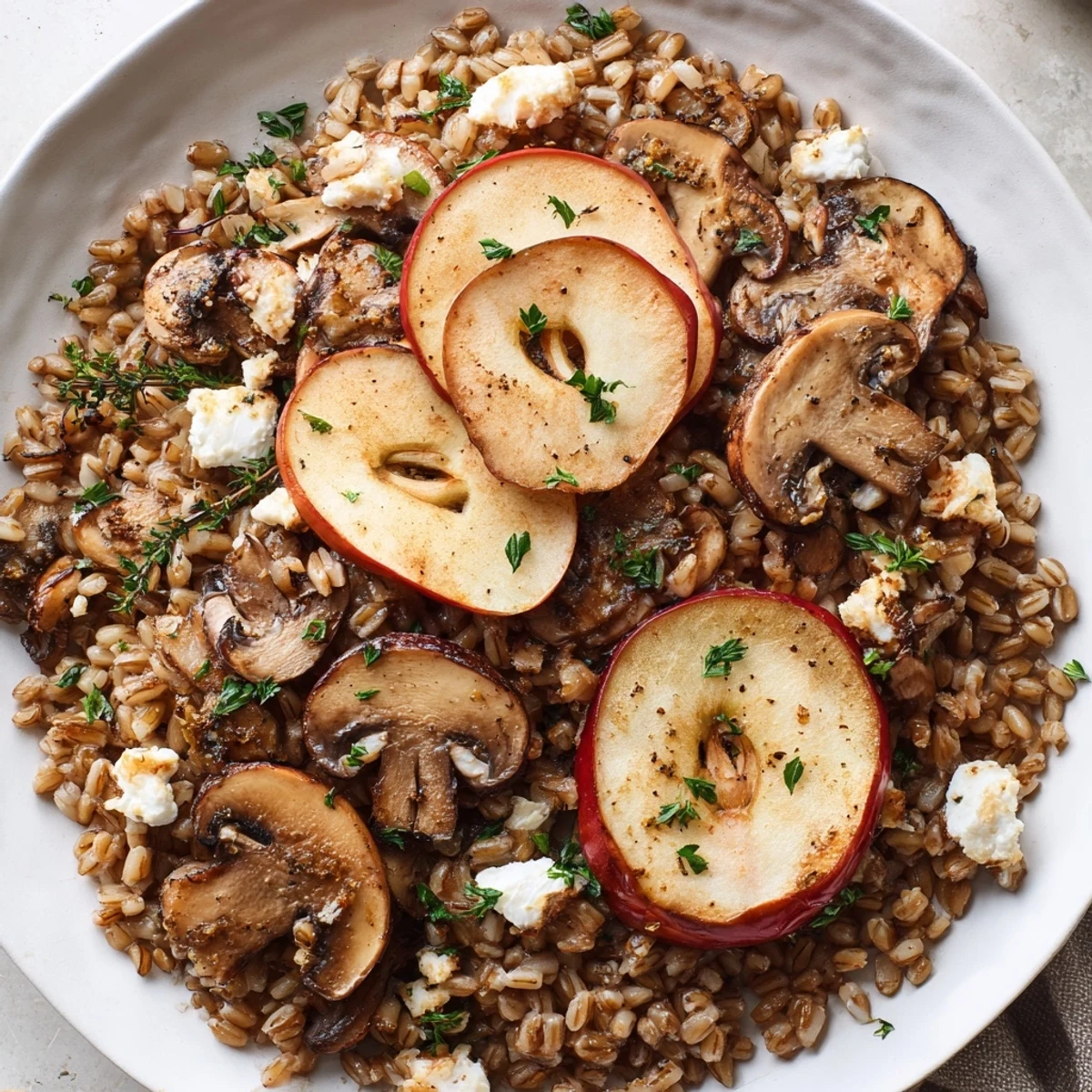 Savory sautéed mushrooms and tender farro create a base for sweet cinnamon-roasted apples in this nourishing warm grain and mushroom bowl.