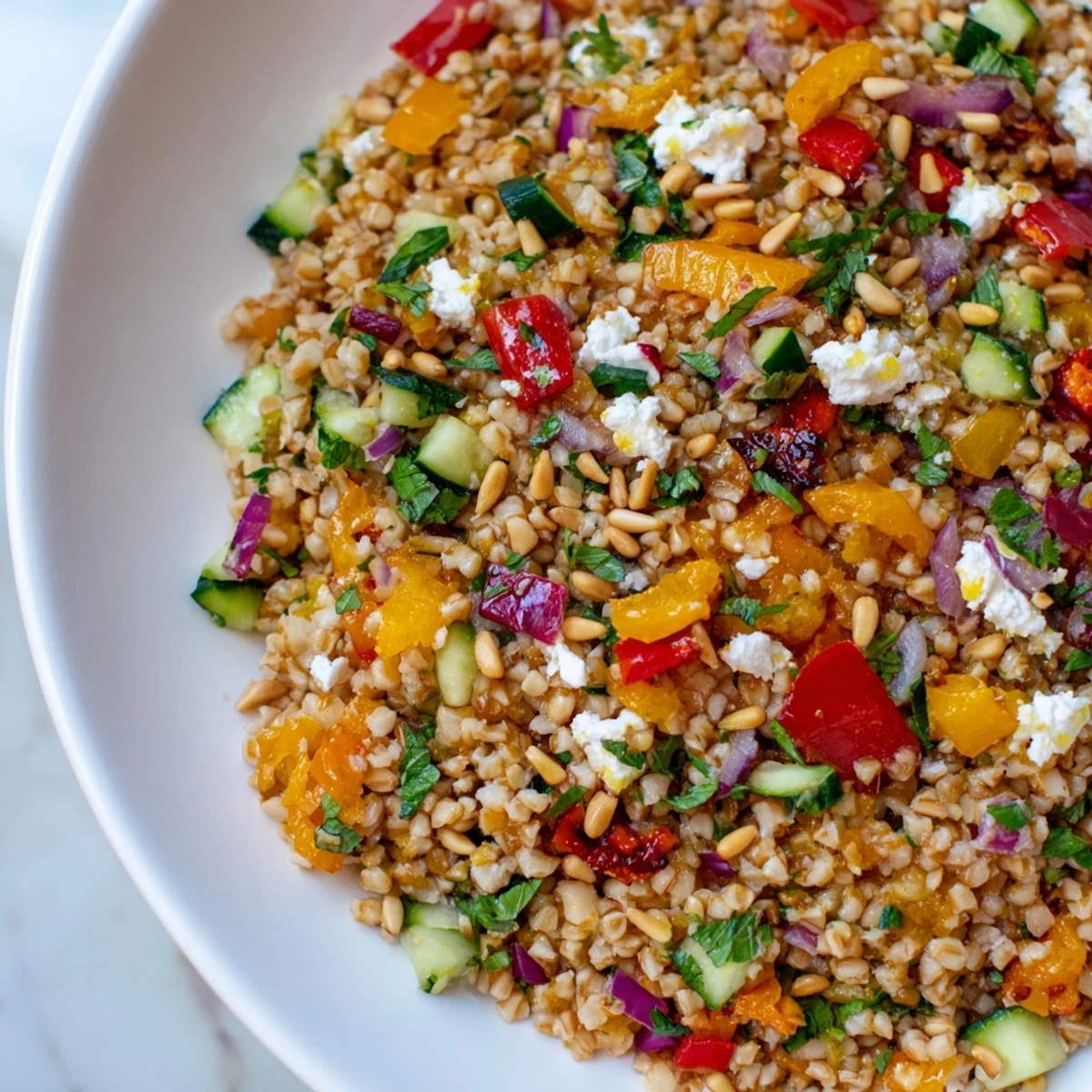 Bright bulgur and roasted pepper salad featuring vibrant red and yellow peppers, fresh herbs, and a citrusy olive oil dressing.