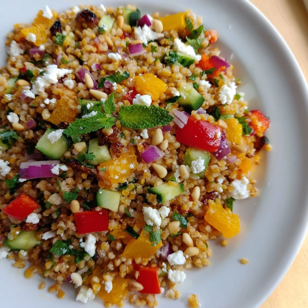 Colorful bowl of citrus bright bulgur and roasted pepper salad with cucumber, red onion, and mint leaves.