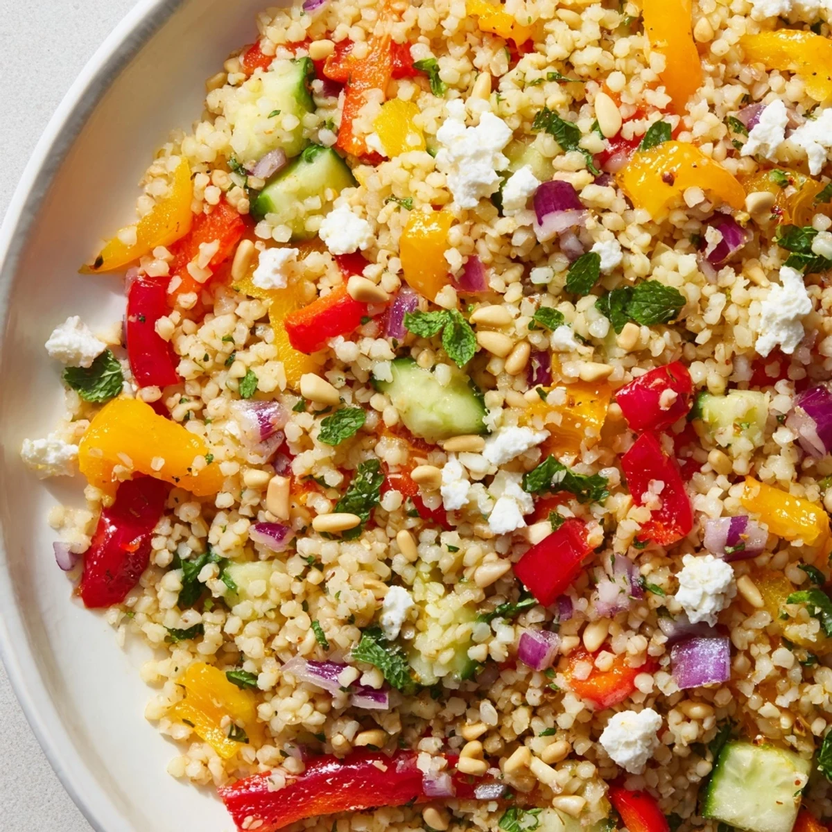 A serving of citrus bright bulgur and roasted pepper salad garnished with crumbled feta and toasted pine nuts for crunch.