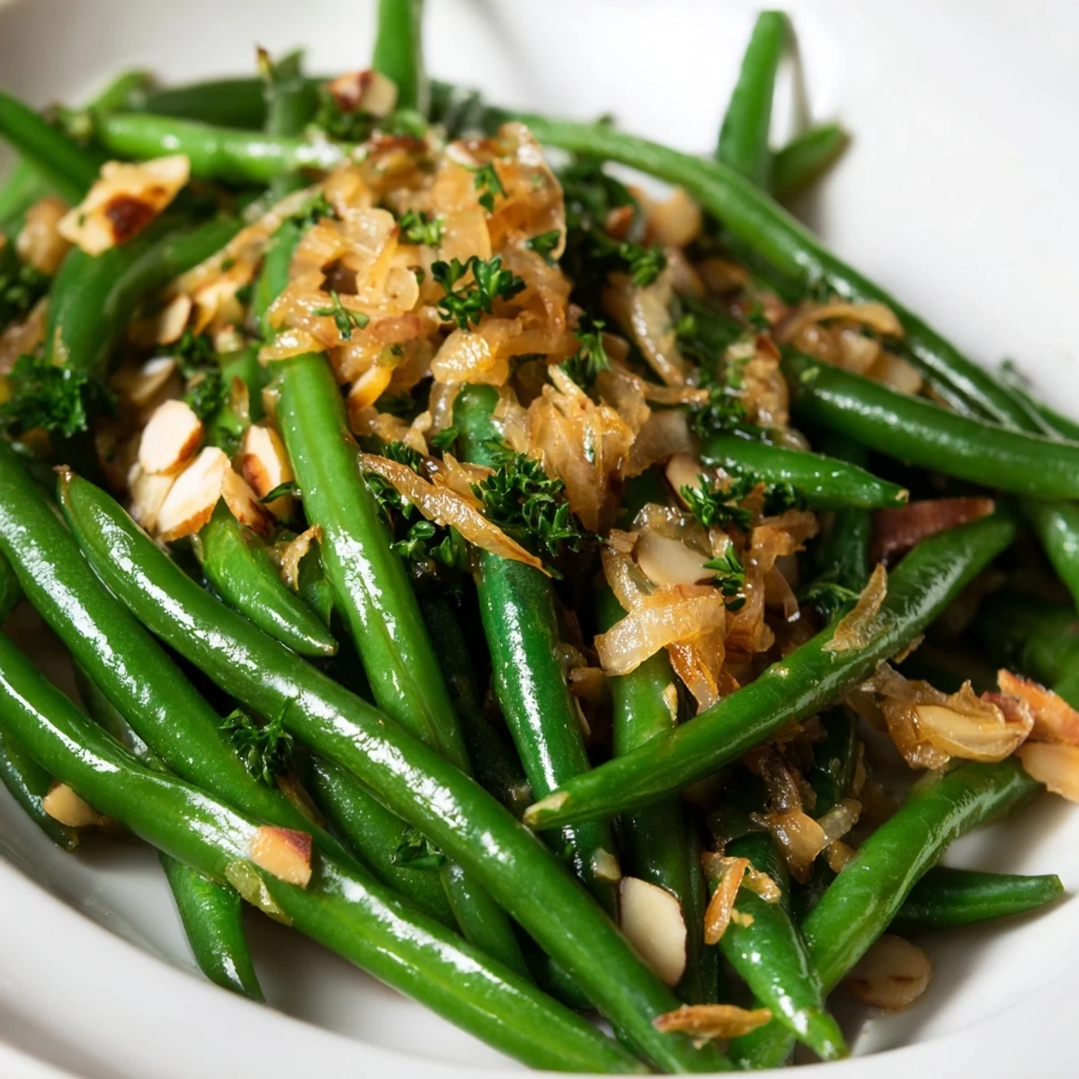 Tender green beans and sweet shallots garnished with fresh parsley, a vibrant vegetarian side for a family dinner.