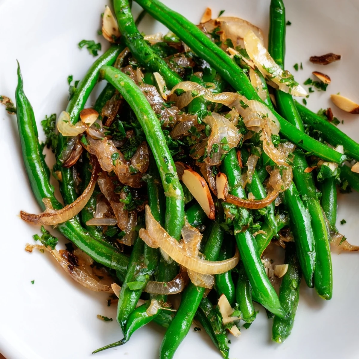 Bright green beans glisten with golden caramelized shallots in a skillet, a simple savory side dish ready to serve.