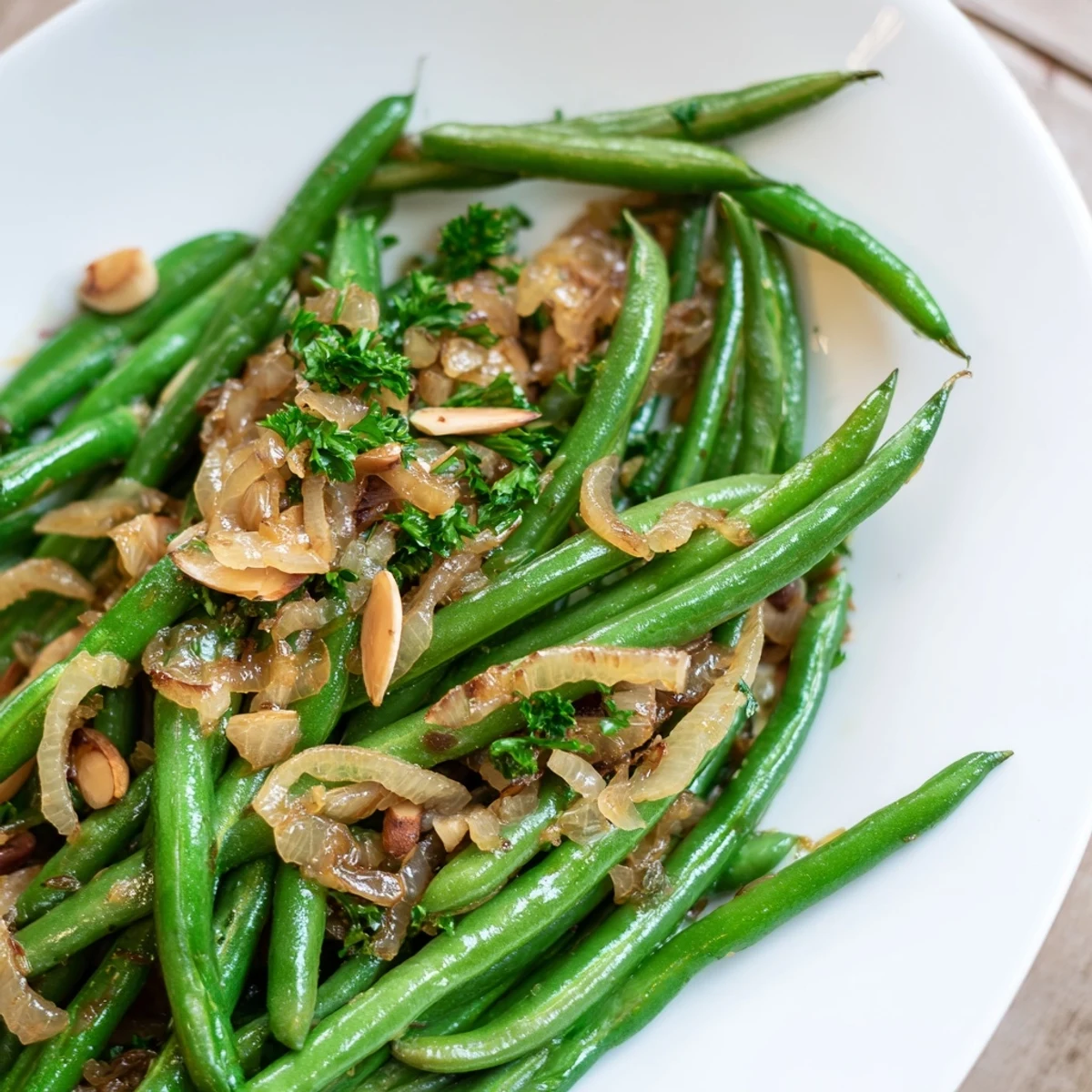 A rustic platter of caramelized shallot green beans topped with toasted almonds, offering a sweet and crunchy contrast.