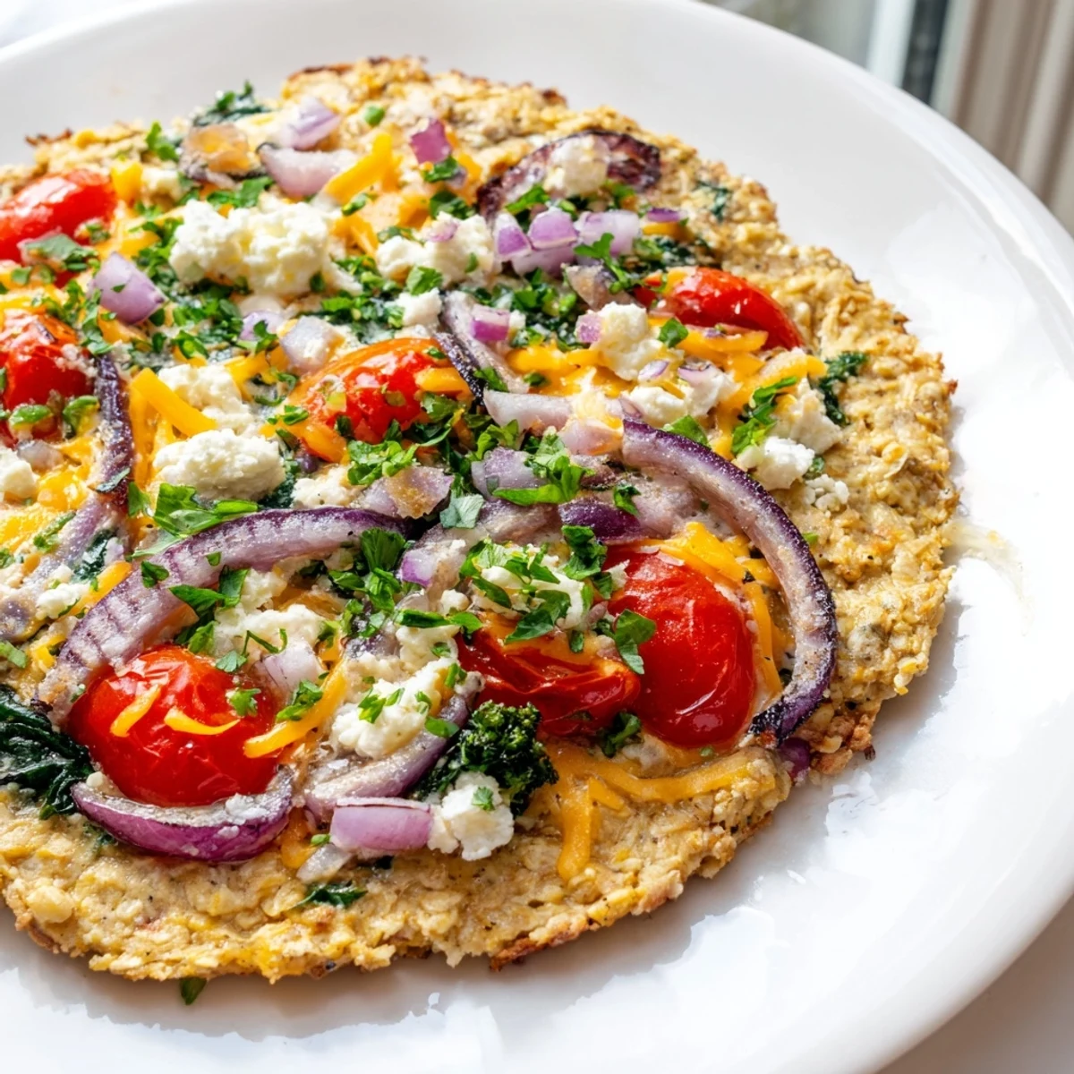 Golden-brown Savory Hearth Baked Oat Bowl filled with roasted cherry tomatoes, spinach, and melted cheese.