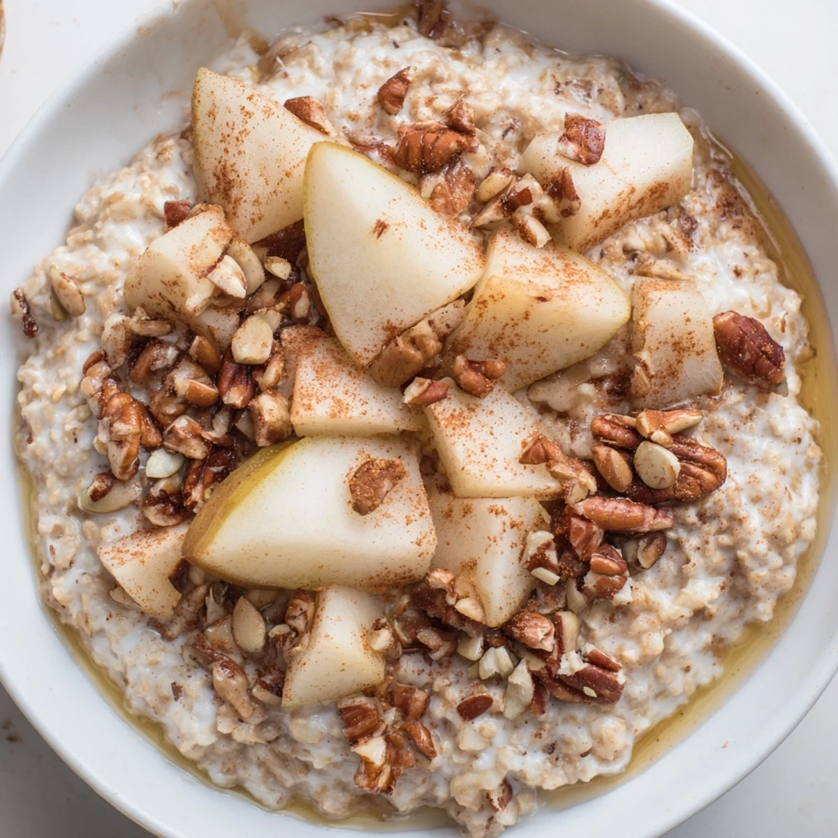 A steaming bowl of Smoky Warming Spiced Pear Porridge, topped with toasted pecans and a drizzle of maple syrup for a cozy fall breakfast.