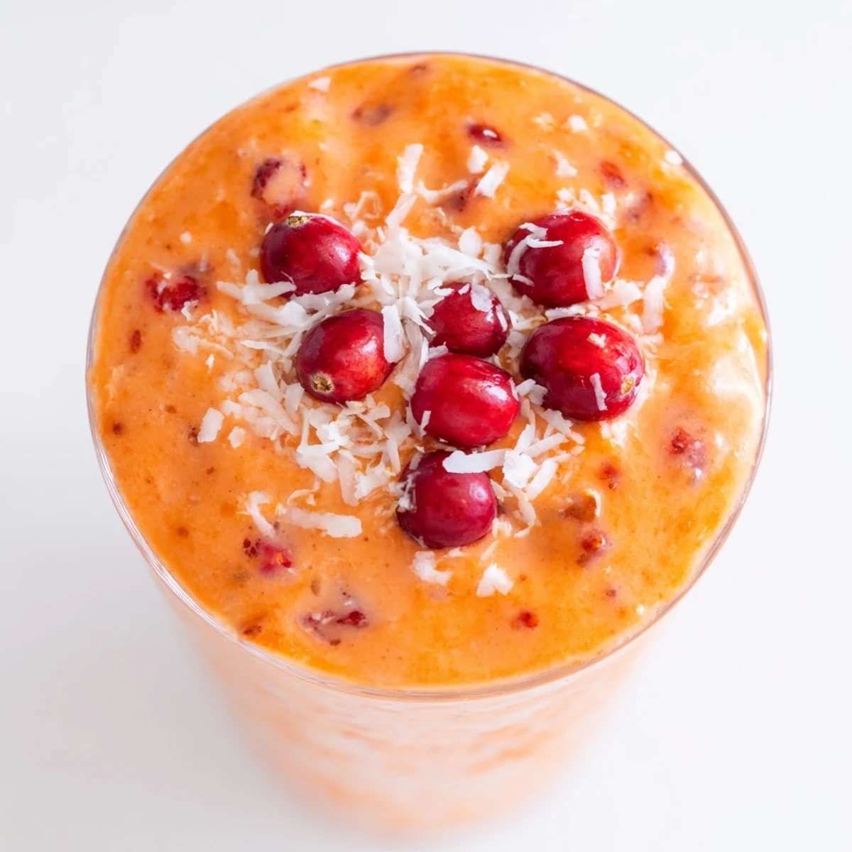 A tall glass of Cranberry Studded Orange Coconut Smoothie garnished with fresh cranberries and shredded coconut.