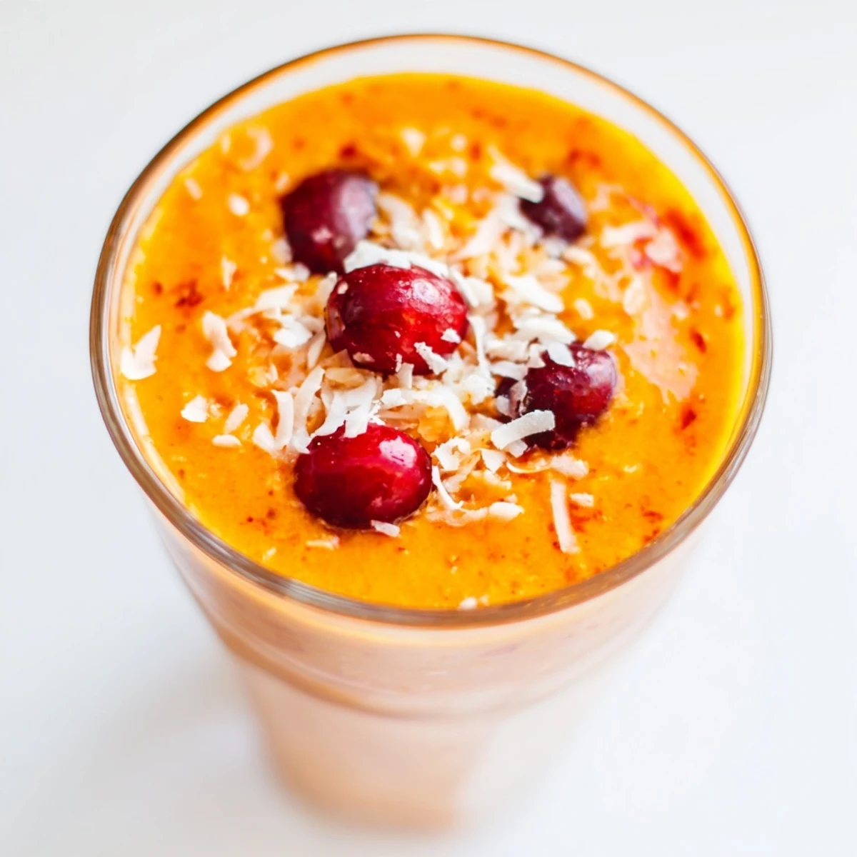 The vibrant pink-orange blend of Cranberry Studded Orange Coconut Smoothie served in a mason jar with a striped straw.