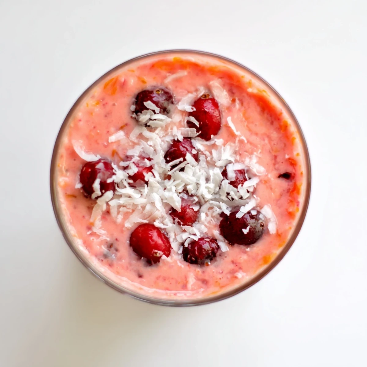Close-up of a creamy Cranberry Studded Orange Coconut Smoothie topped with a sprinkle of coconut flakes and zest.