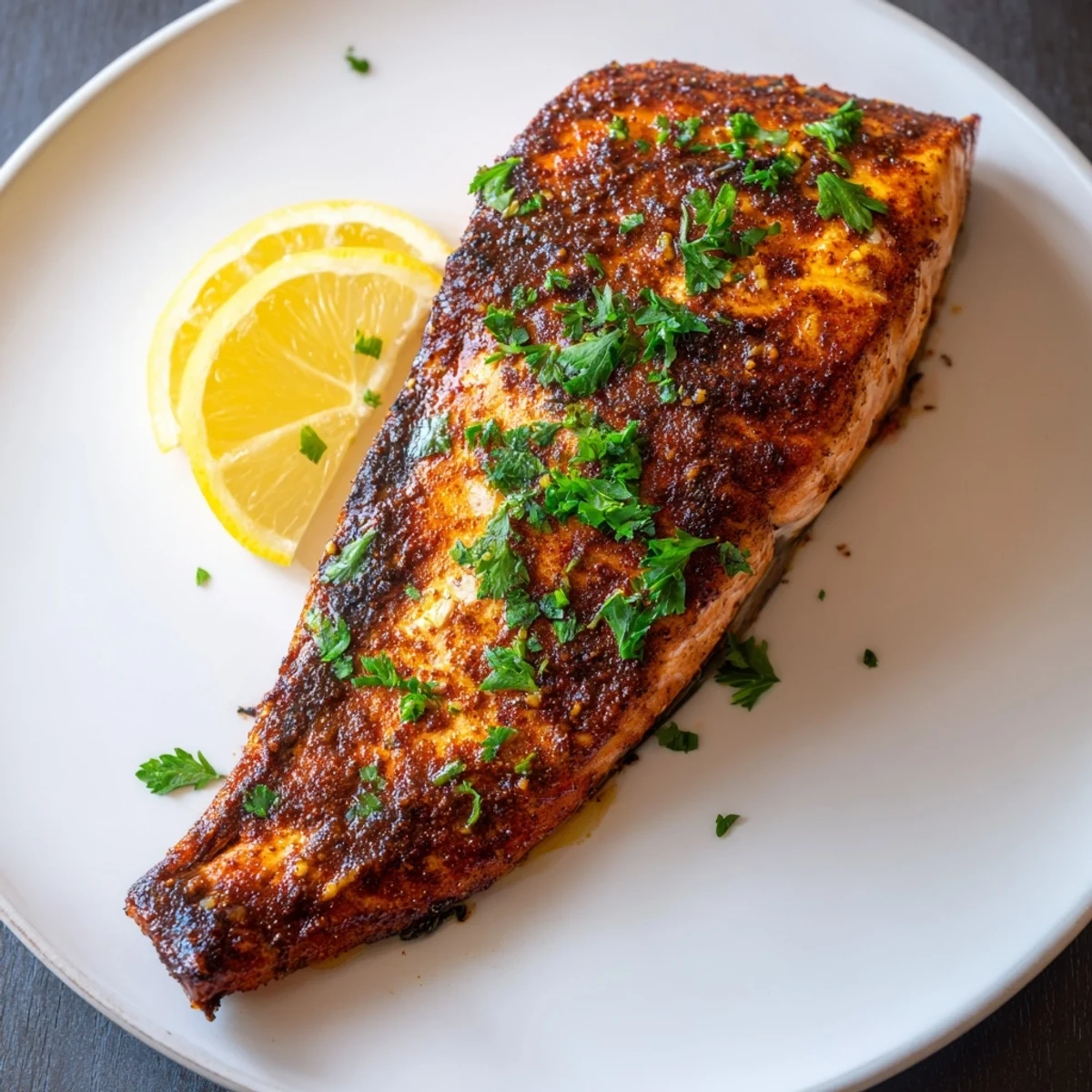 Golden-brown Seared Lemon Salmon fillets sizzling in a skillet, garnished with fresh parsley and lemon wedges for a vibrant, citrusy weeknight dinner.