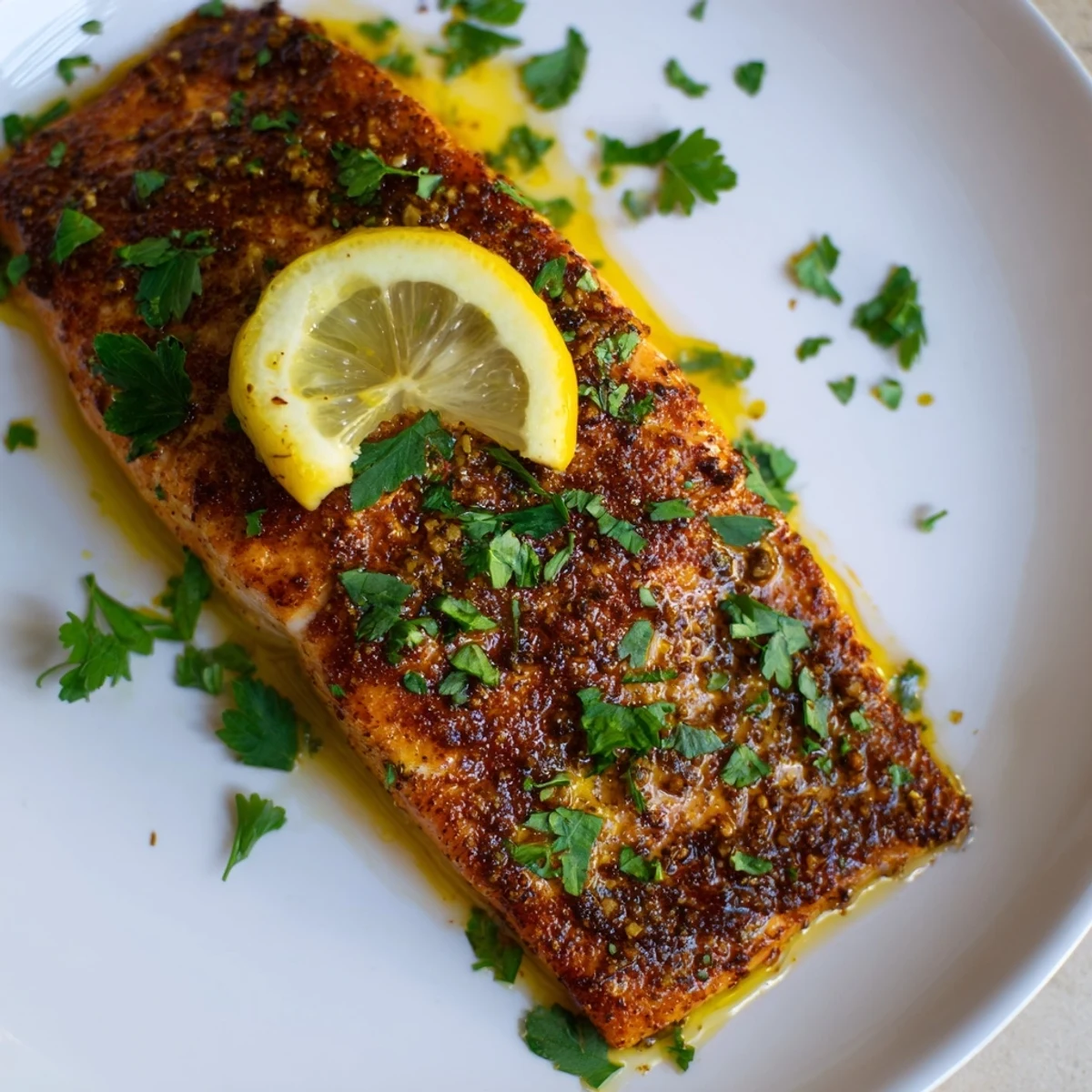 Tender Seared Lemon Salmon with a crisp exterior and warm cinnamon spice aromas, served alongside simple roasted vegetables for a healthy meal.