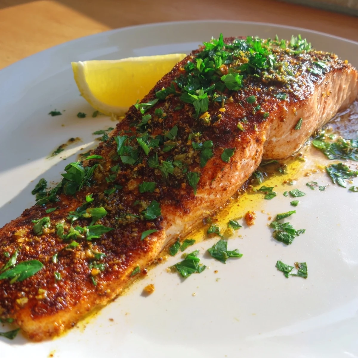 Freshly cooked Seared Lemon Salmon fillets flaking easily with a fork, revealing a juicy interior and bright lemon marinade in a rustic kitchen setting.