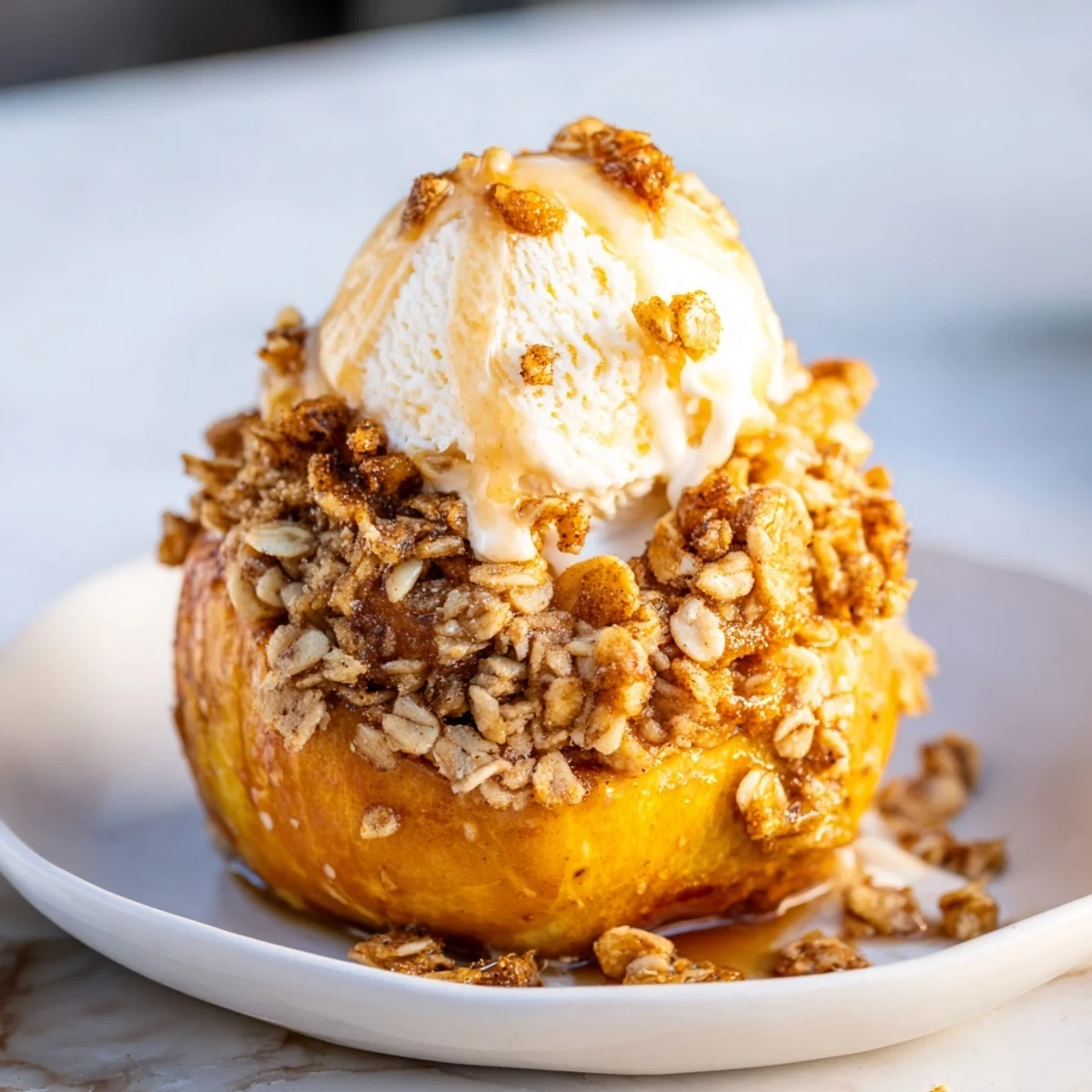 Warm Pumpkin Spice Crumble Hearth Baked Apples topped with a scoop of vanilla ice cream melting over tender, cinnamon-spiced fruit.  