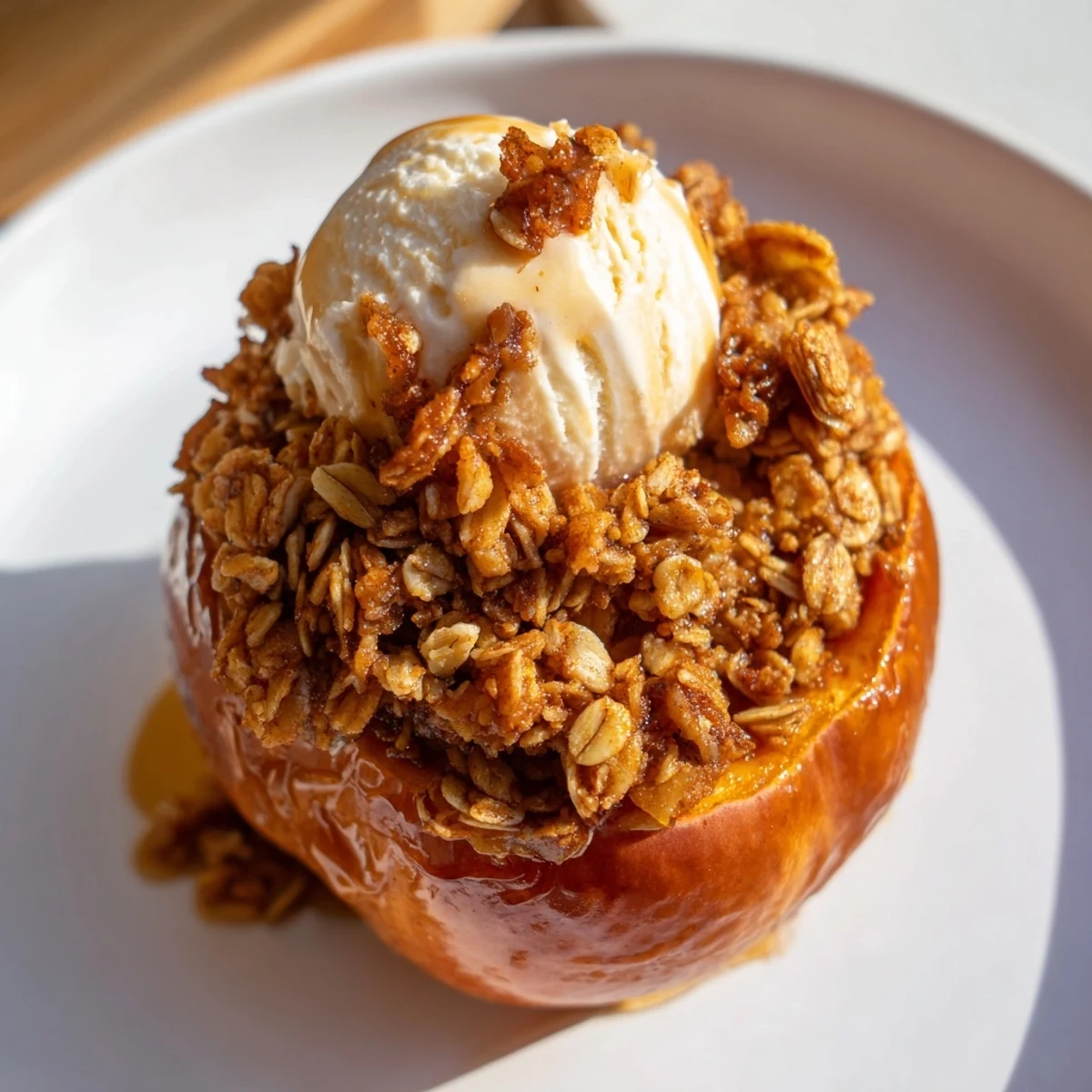 Golden-brown Pumpkin Spice Crumble Hearth Baked Apples with a crumbly oat topping, served fresh from the oven on a rustic wooden board.  