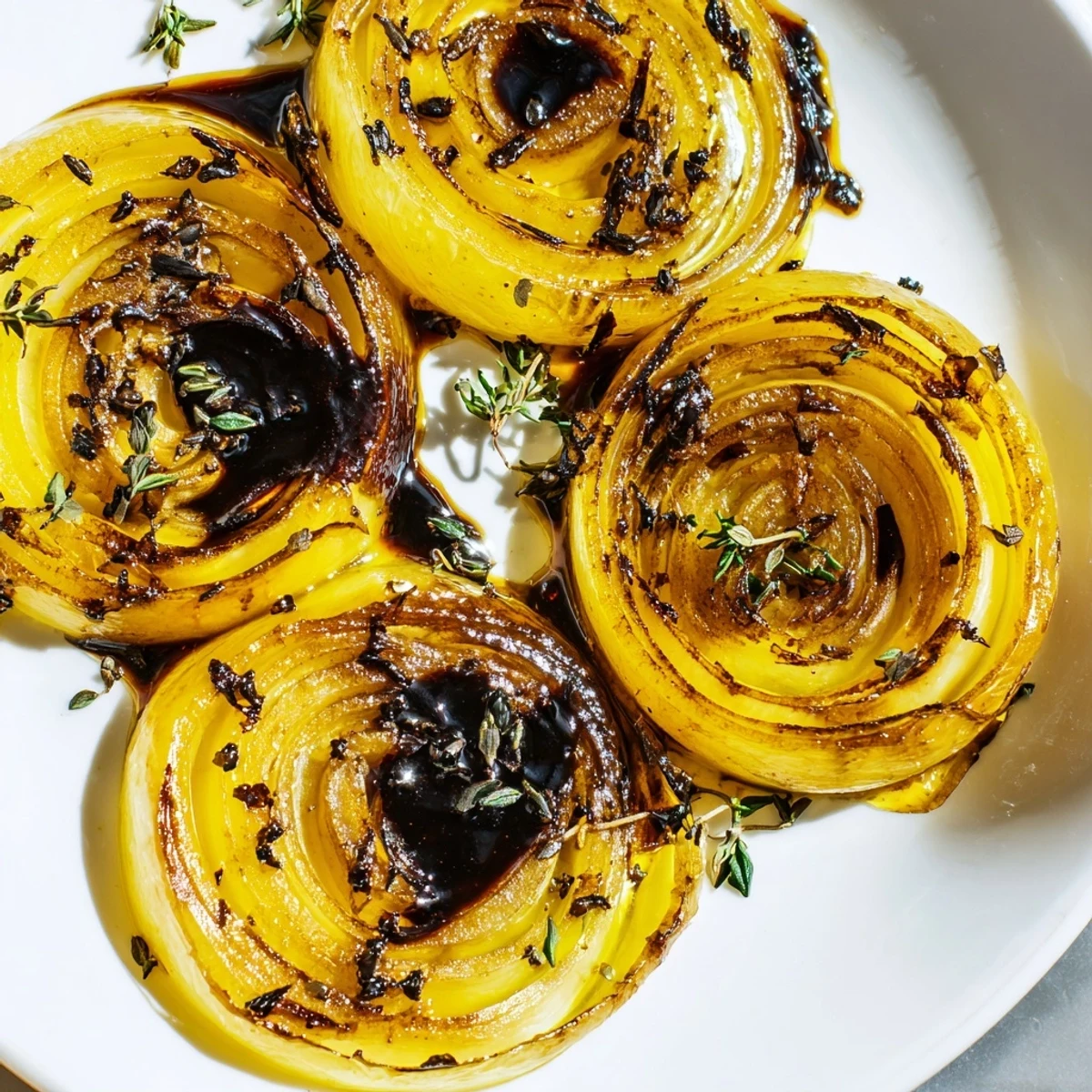 Golden caramelized Balsamic Glazed Onions sizzling in a skillet, with fresh thyme and a drizzle of glaze.  