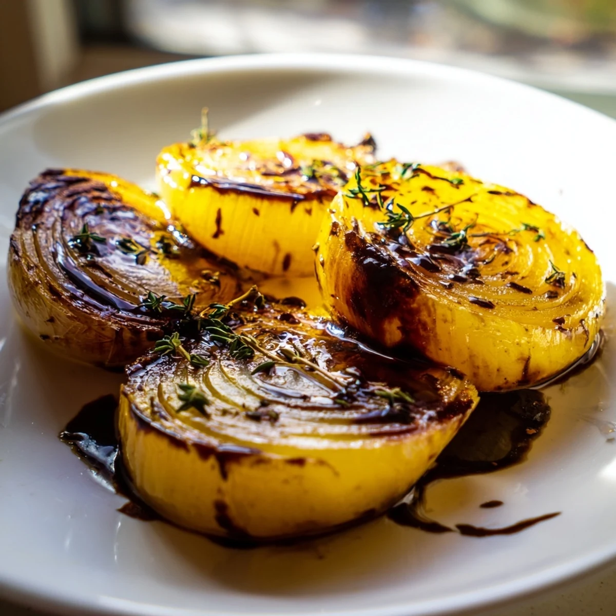 Tender, sweet Balsamic Glazed Onions served warm over a creamy bowl of pasta for a hearty dinner.  