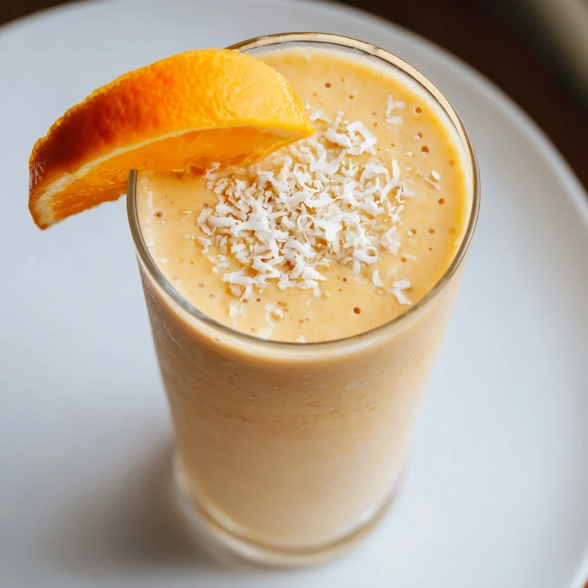 A tall glass of Orange Coconut Smoothie with ice, bananas, and vibrant orange segments ready to blend.