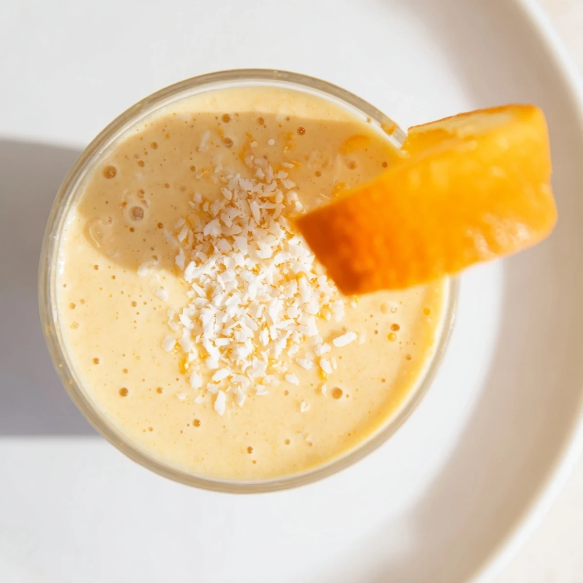 Creamy Orange Coconut Smoothie in a chilled glass, garnished with shredded coconut and a fresh orange slice.