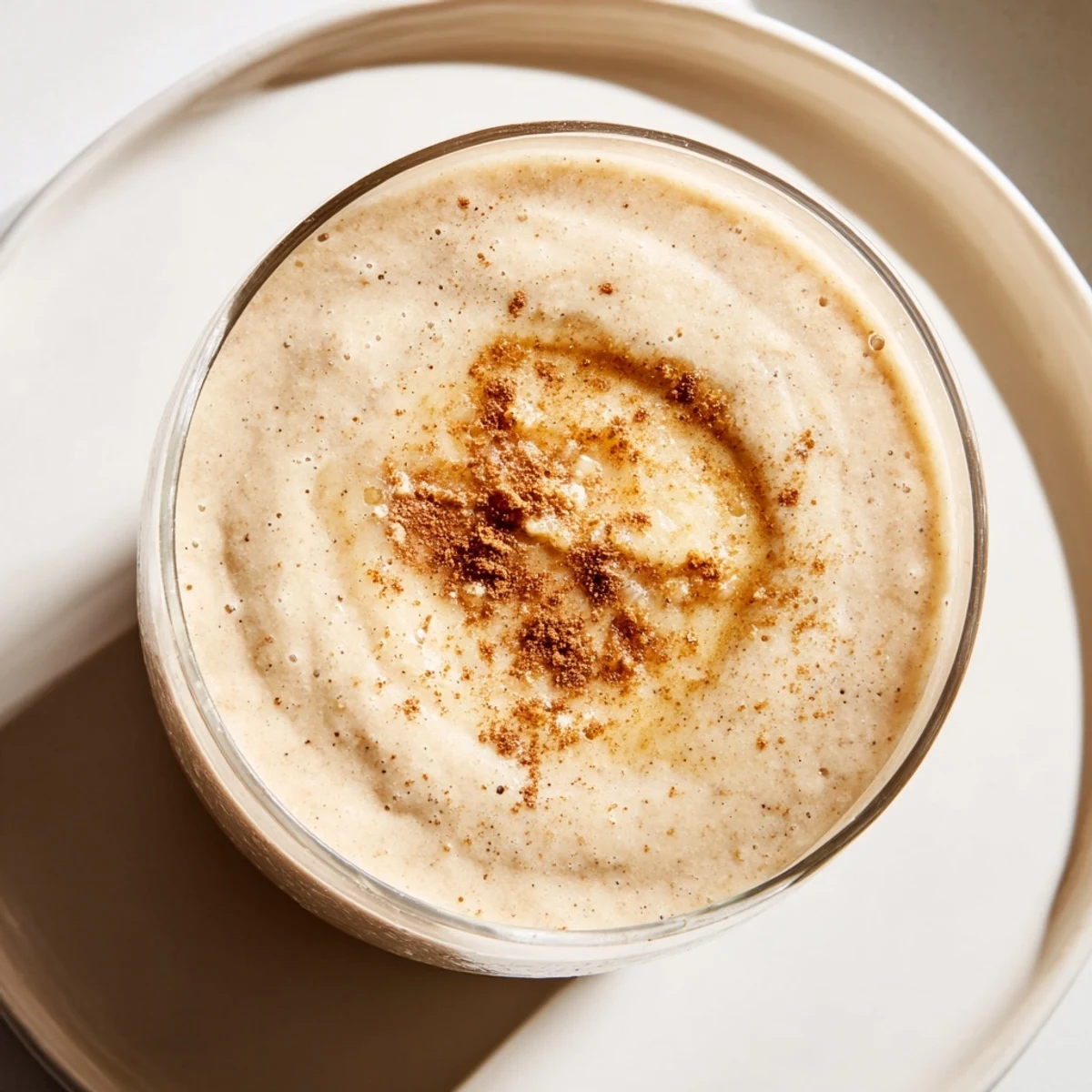 Creamy Brown Butter Pear Ginger Smoothie with caramelized notes and ripe pear chunks served in a chilled glass.