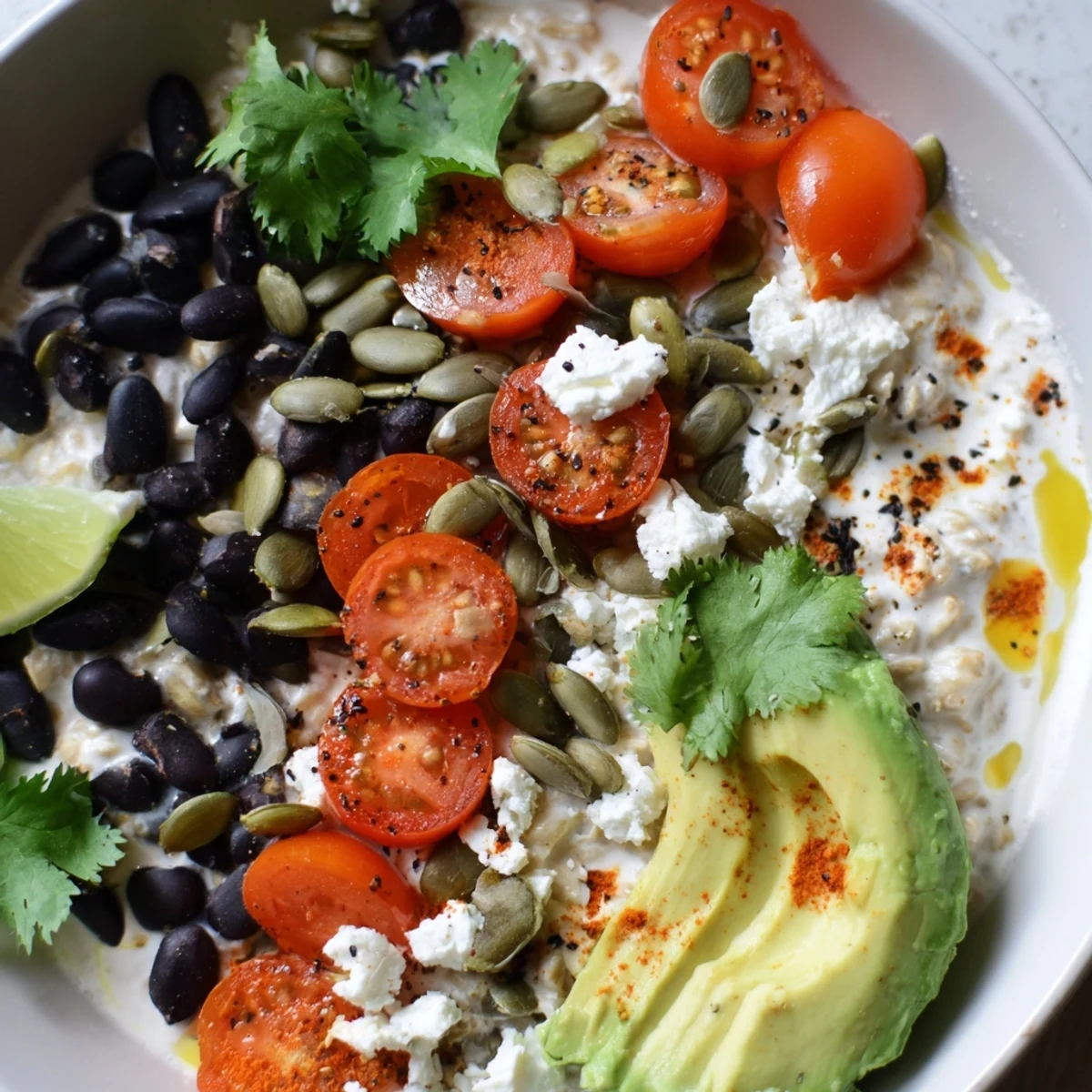 Creamy Overnight Smoky Oats Bowl topped with black beans, avocado, and fresh cilantro, drizzled with lime.