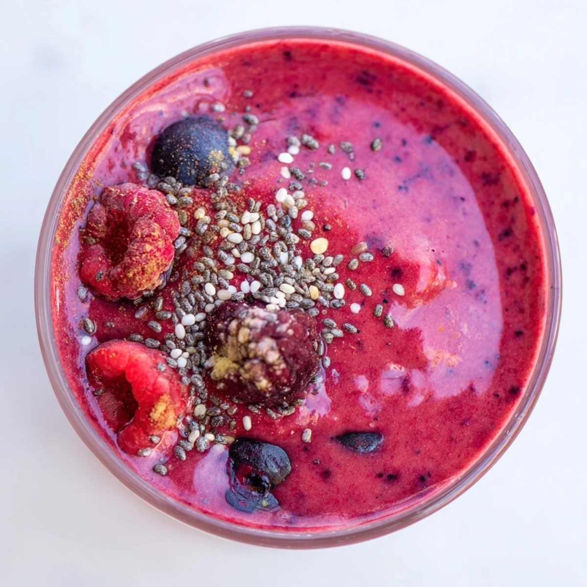 A glass of Cozy Beet and Berry Smoothie with a creamy magenta hue, topped with fresh berries and a sprinkle of granola.