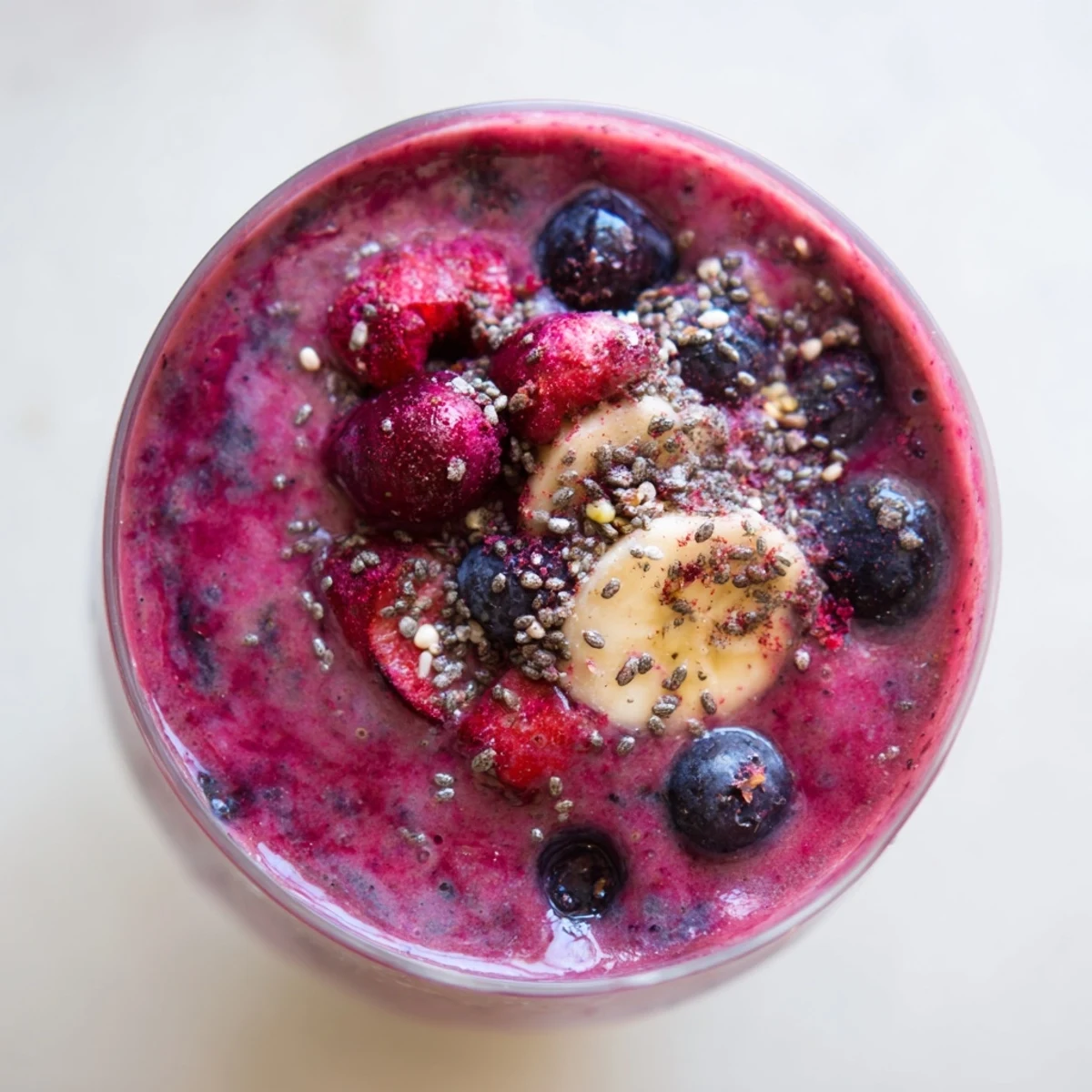 This Cozy Beet and Berry Smoothie shows a frothy, vibrant pink drink in a tall glass, garnished with mint and chia seeds.