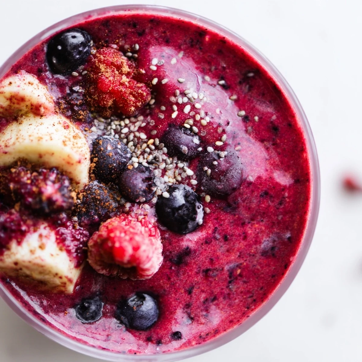 Close-up of Cozy Beet and Berry Smoothie in a glass with a paper straw, beside scattered fresh berries and a sliced banana.