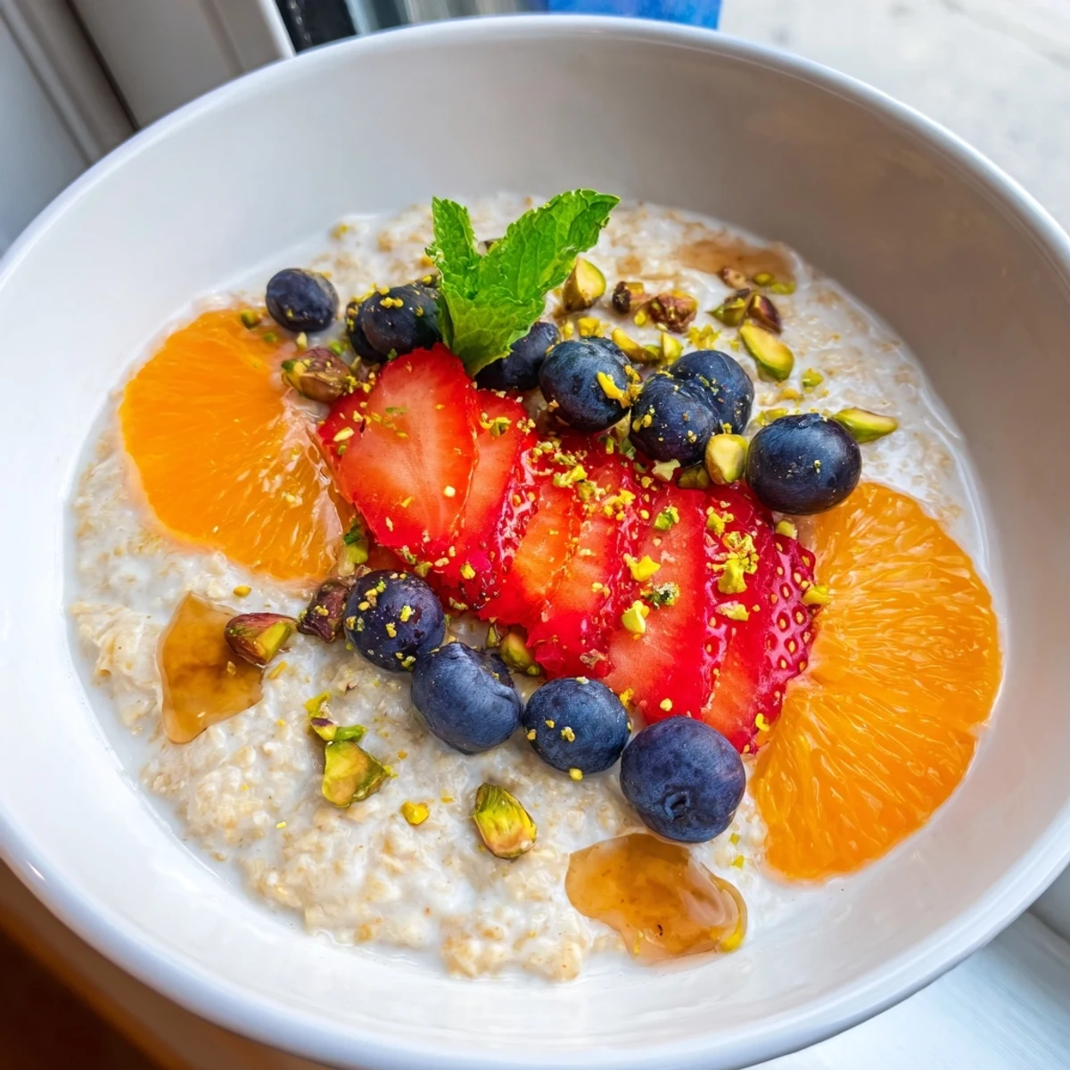 A warm, creamy bowl of Fruit Topped Porridge Citrus Bright Maple Kissed with sliced strawberries and blueberries.
