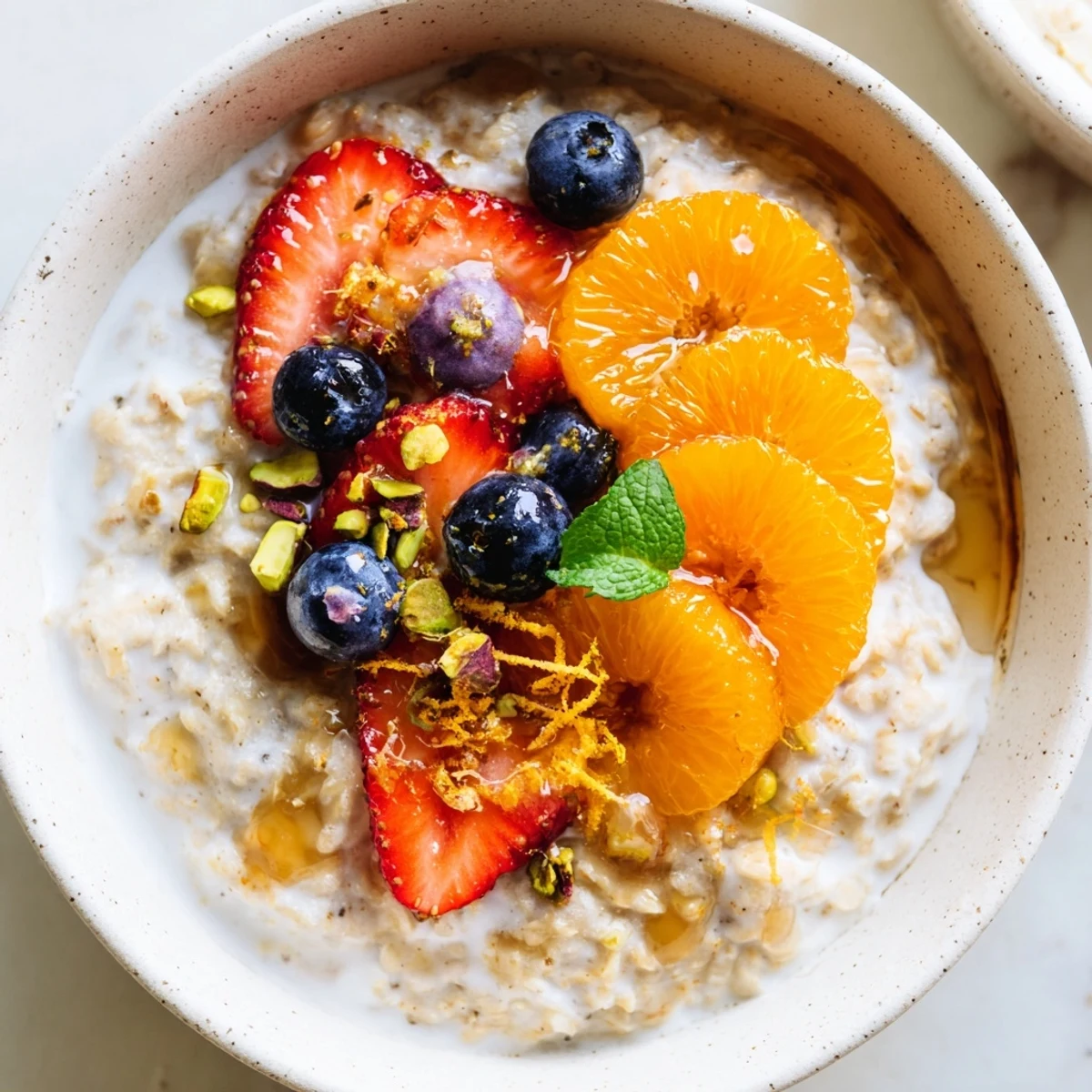 Steaming Fruit Topped Porridge Citrus Bright Maple Kissed features orange segments, crunchy nuts, and fresh mint garnish.