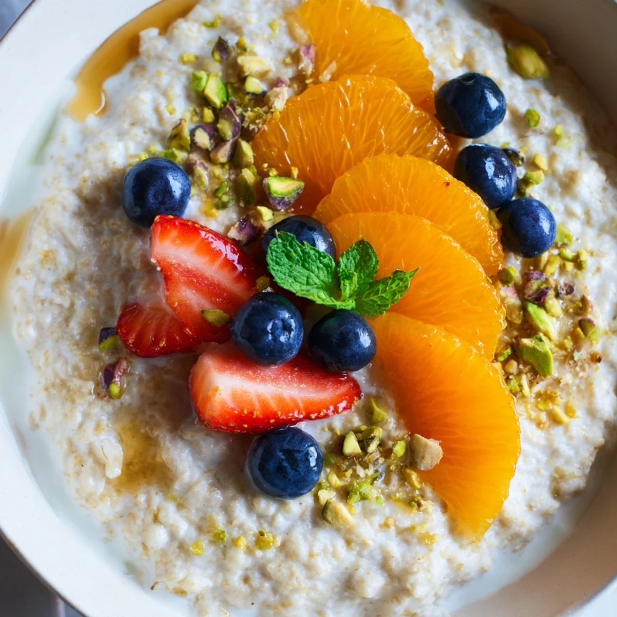 A close-up of Fruit Topped Porridge Citrus Bright Maple Kissed drizzled with maple syrup and topped with vibrant berries.