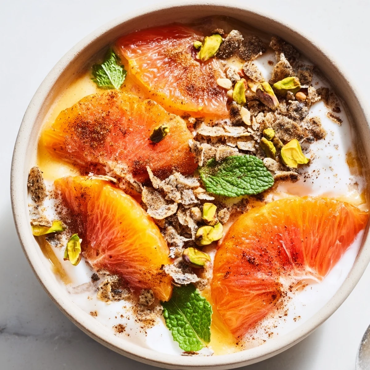 Warm roasted citrus slices glisten atop a creamy smoothie bowl in this Slow Roasted Warming Citrus Smoothie Bowl image.