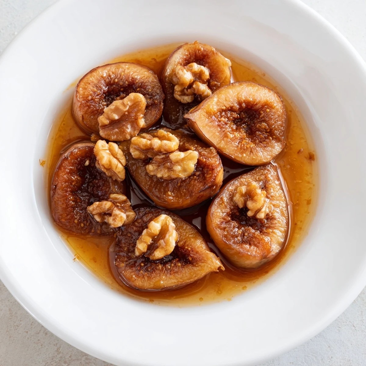 Golden Fig and Walnut Compote topped with chopped nuts, served over creamy Greek yogurt in a rustic bowl.  