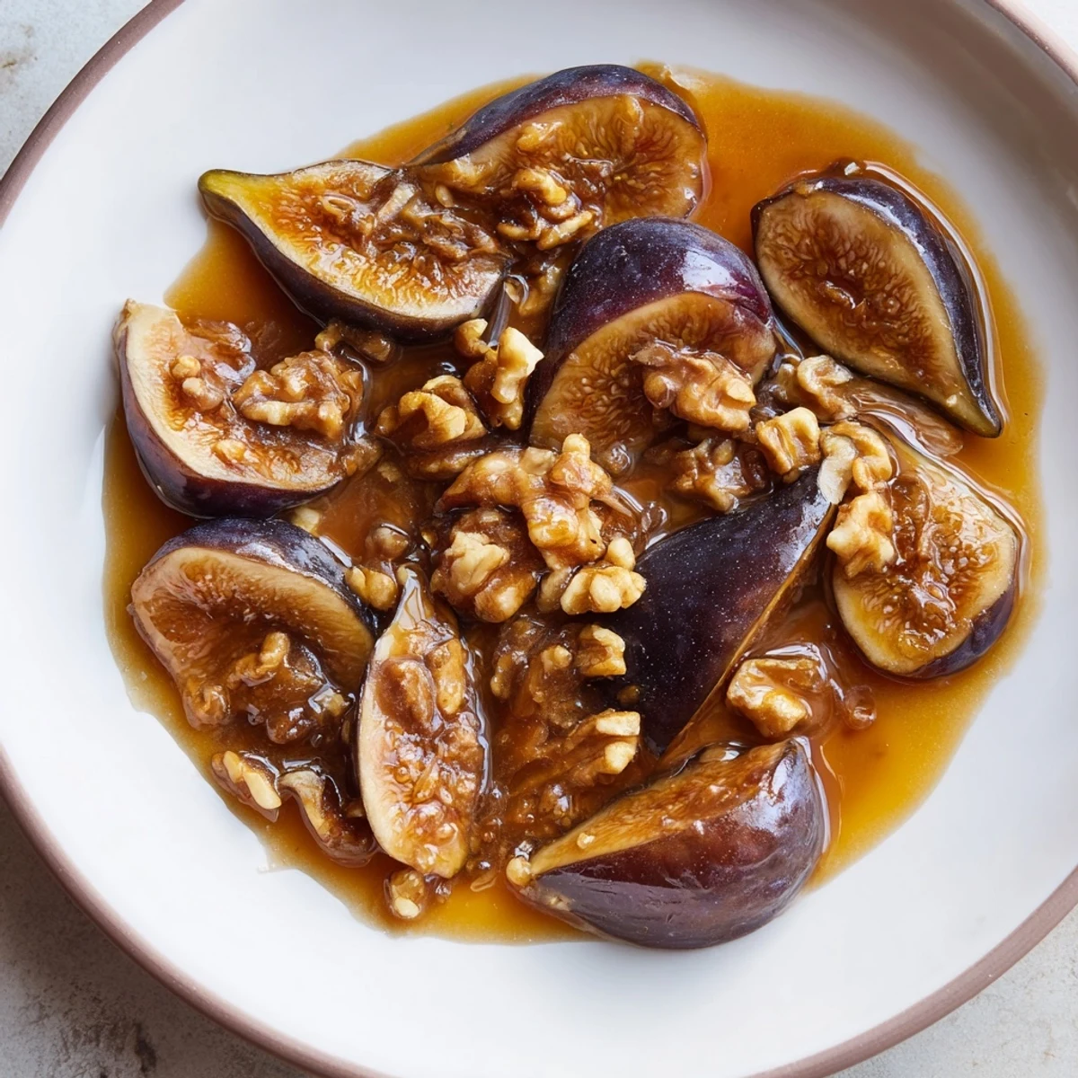 Warm Fig and Walnut Compote simmering in a saucepan with cinnamon and orange zest, bubbling with sweet, spiced aroma.  
