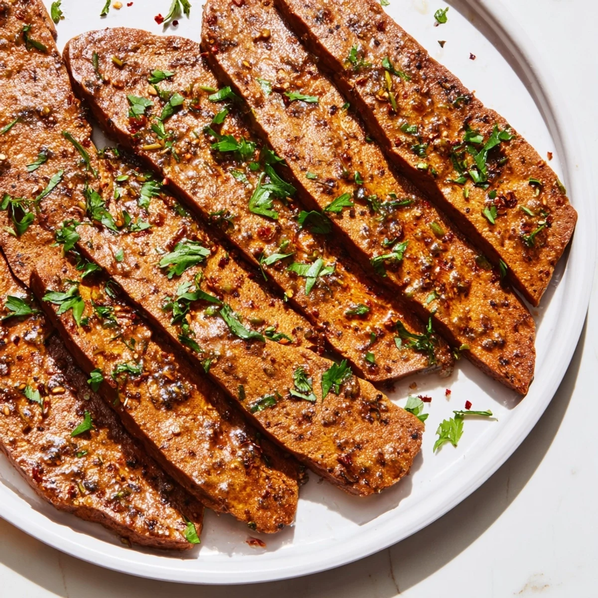 Overhead view of Herbed Slow Roasted Tempeh Steaks on a platter with roasted vegetables.