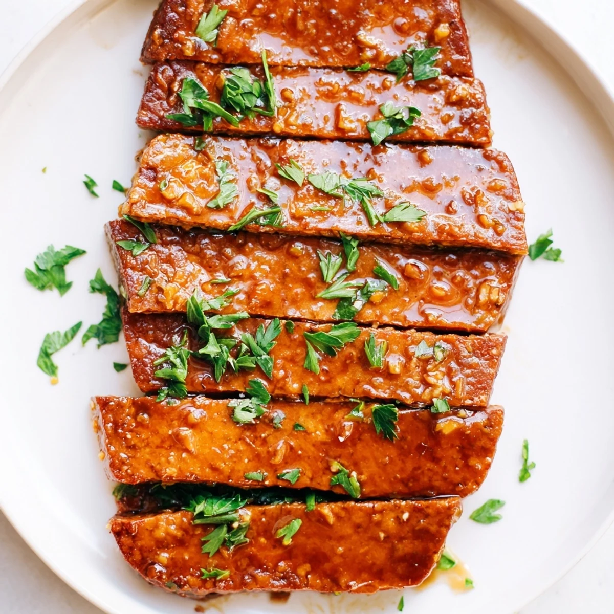 A close-up of Herbed Slow Roasted Tempeh Steaks glistening with fresh rosemary and thyme.